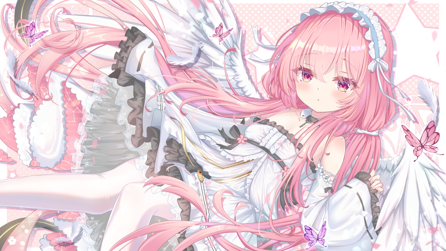 anthropomorphism, azur_lane, blush, butterfly, choker, cross, dress, feathers, headband, loli, lolita_fashion, long_hair, nicknameokupied, pantyhose, perseus_(azur_lane), pink_hair, twintails, wings, yellow_eyes