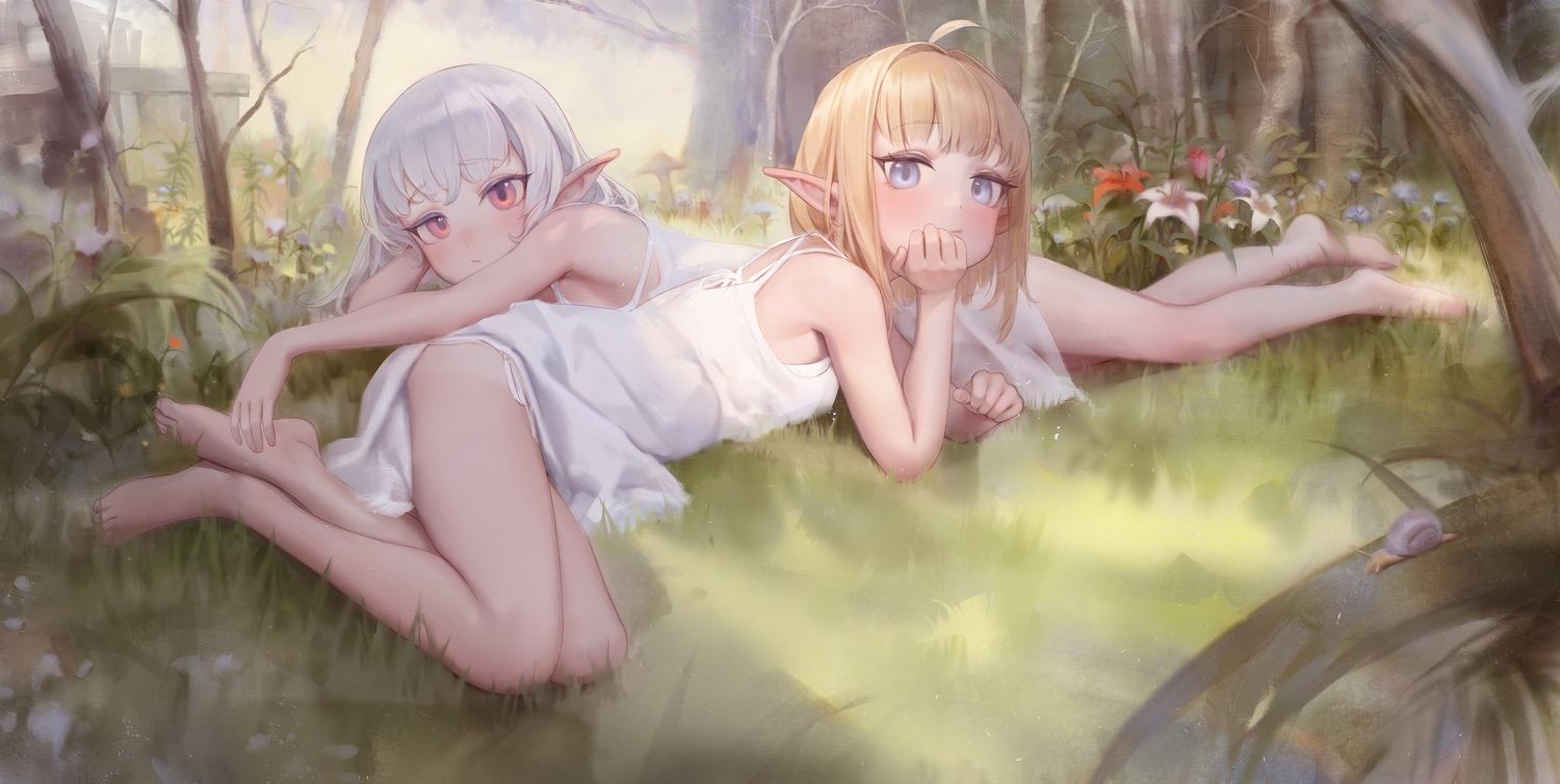 2girls, barefoot, bingwei_huang, blonde_hair, blush, dress, flowers, grass