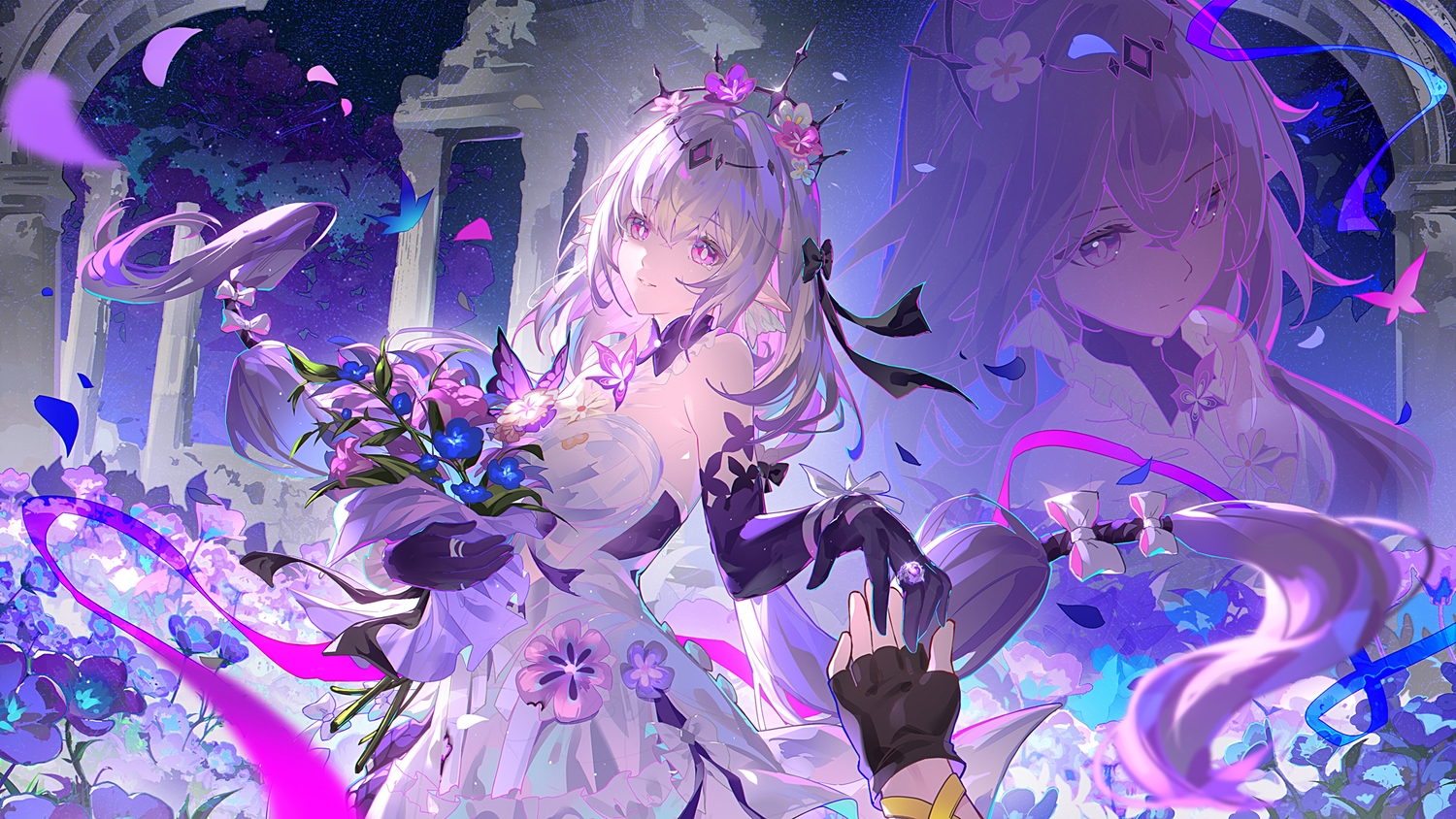 caelus_(honkai:_star_rail), castorice_(honkai:_star_rail), dress, elbow_gloves, flowers, gloves, gray_hair, honkai_(series)
