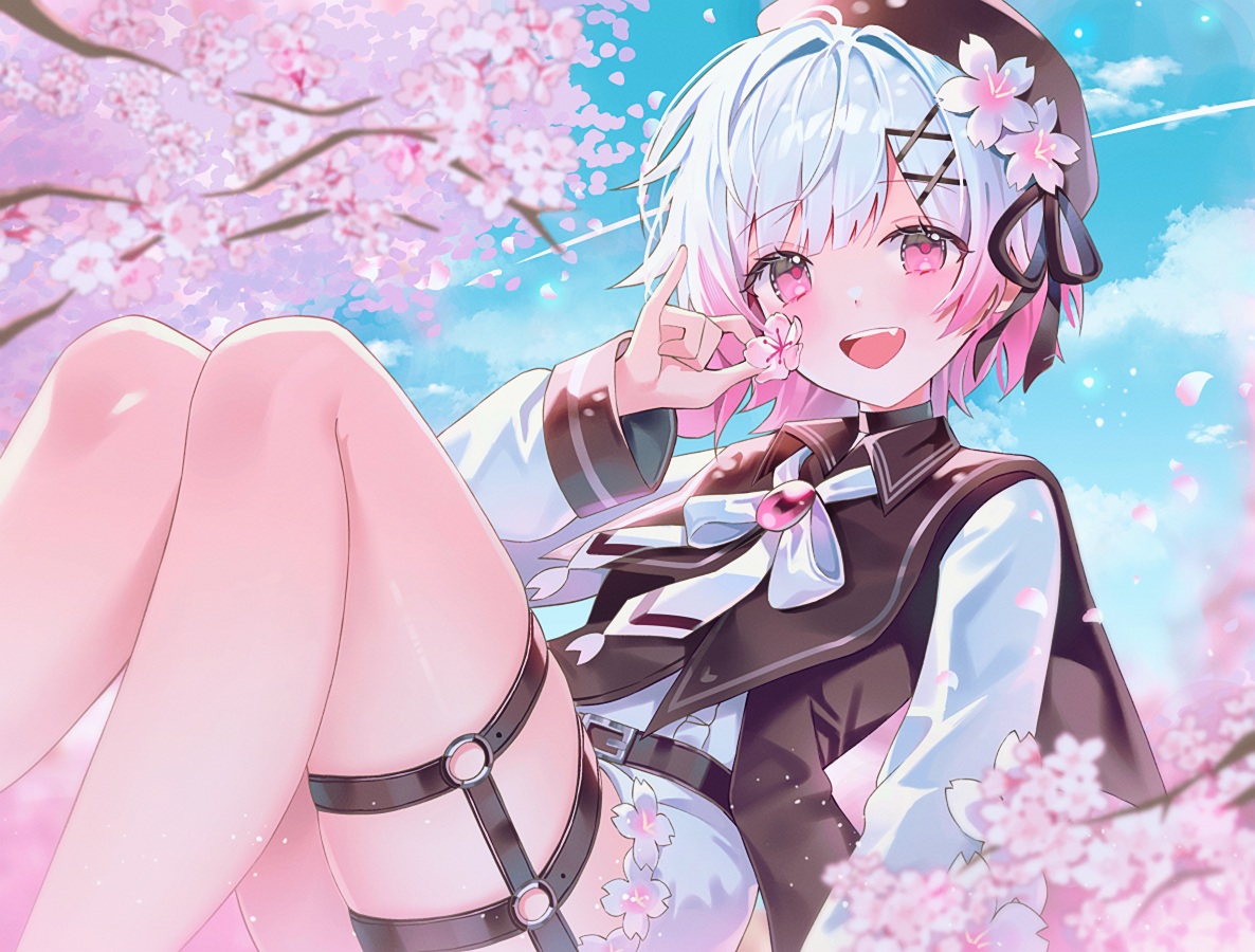 bow, cherry_blossoms, choker, clouds, fang, flowers, garter, gin_(gin937)