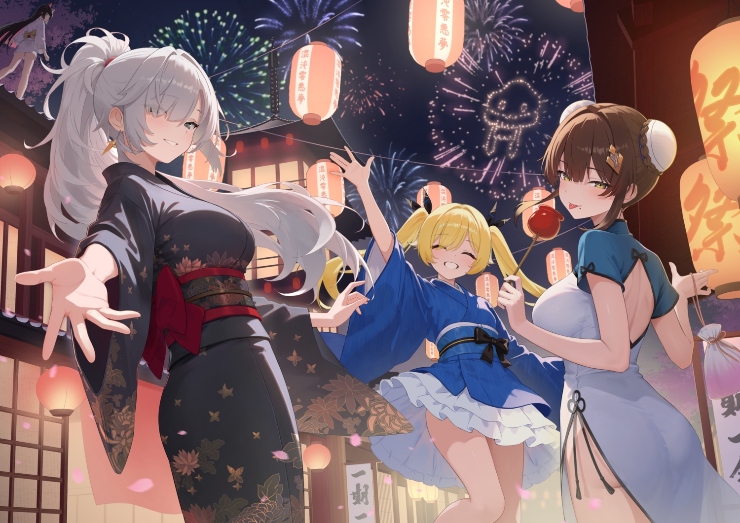 animal_ears, apple, ass, bicolored_eyes, black_hair, blonde_hair, blush, bow, braids, brown_hair, building, candy, catgirl, chaos_zero_nightmare, chinese_clothes, chinese_dress, dress, festival, fireworks, food, fruit, gray_hair, green_eyes, group, japanese_clothes, lolita_fashion, long_hair, night, nine_(chaos_zero_nightmare), ponytail, rita_(chaos_zero_nightmare), short_hair, sky, tataki_worker, tiphera_(chaos_zero_nightmare), twintails, yukata, yuki_(chaos_zero_nightmare)