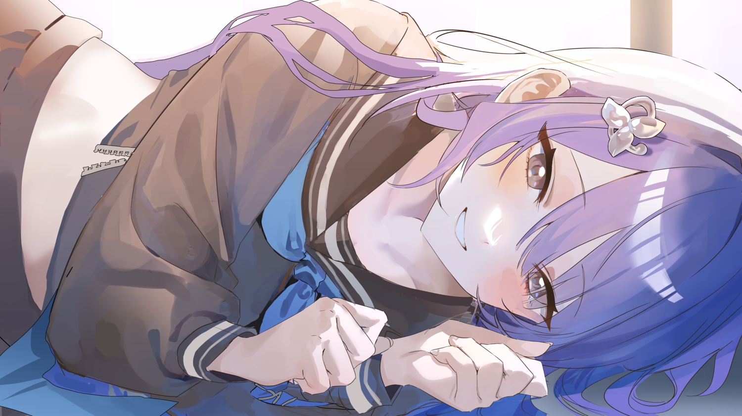 arcana_(nikke), blue_hair, brown_eyes, close, goddess_of_victory:_nikke, long_hair, school_uniform, sketch, suju0813