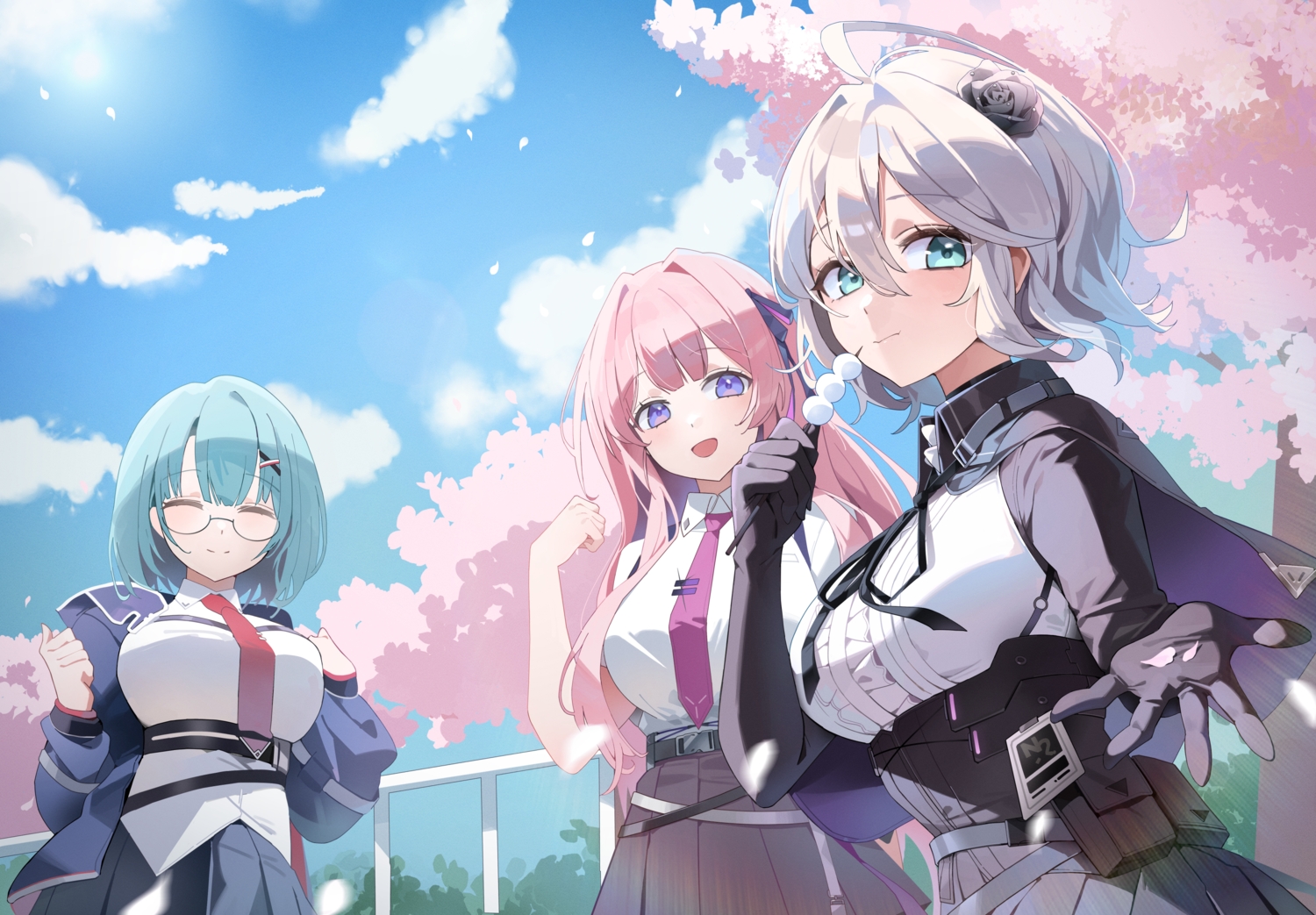 aqua_eyes, chaos_zero_nightmare, clouds, elbow_gloves, food, glasses, gloves, gray_hair