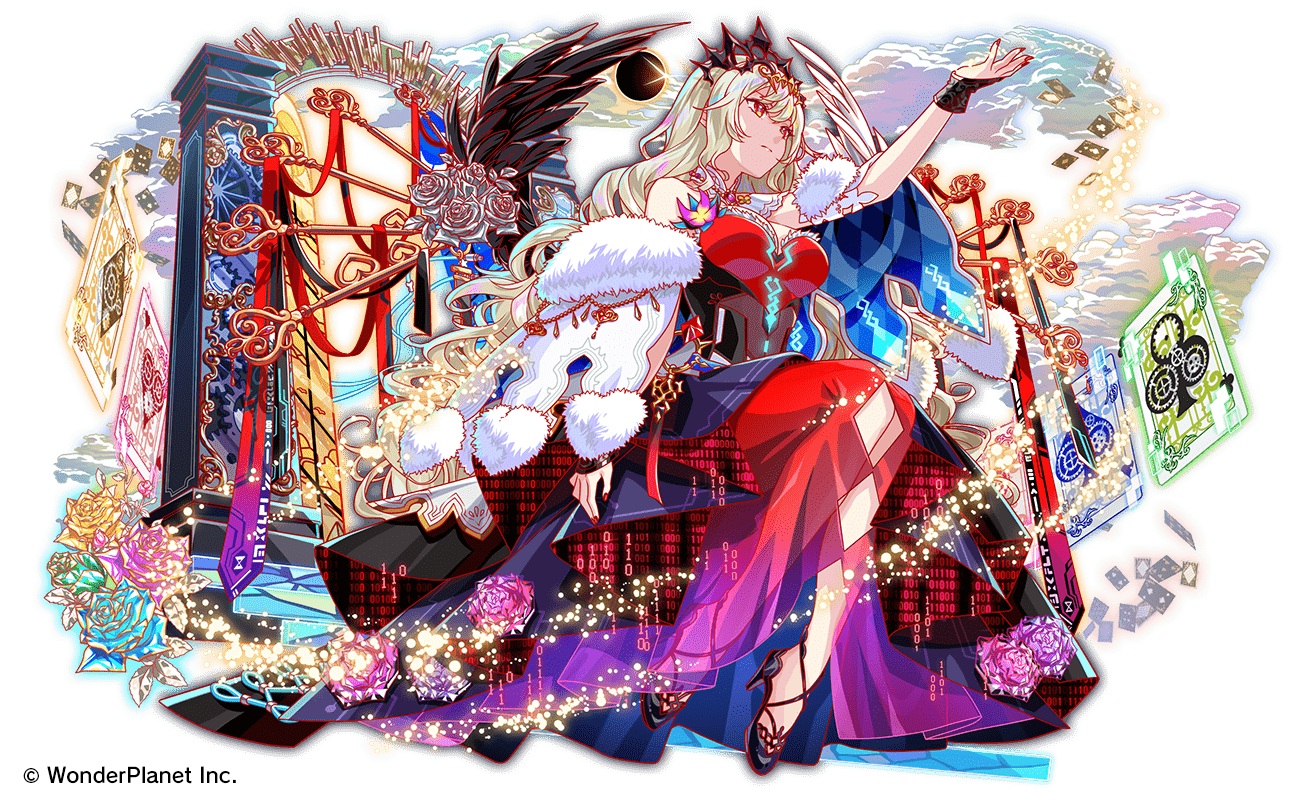 blonde_hair, breasts, cleavage, crash_fever, dress, flowers, gari_(apollonica), long_hair, magic, rose, tagme_(character), tiara, watermark, wings, yellow_eyes