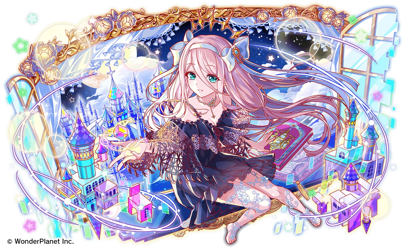 aqua_eyes, barefoot, book, bow, building, crash_fever, dress, gari_(apollonica), gray_hair, headband, long_hair, magic, moon, necklace, night, sky, stars, tagme_(character), watermark
