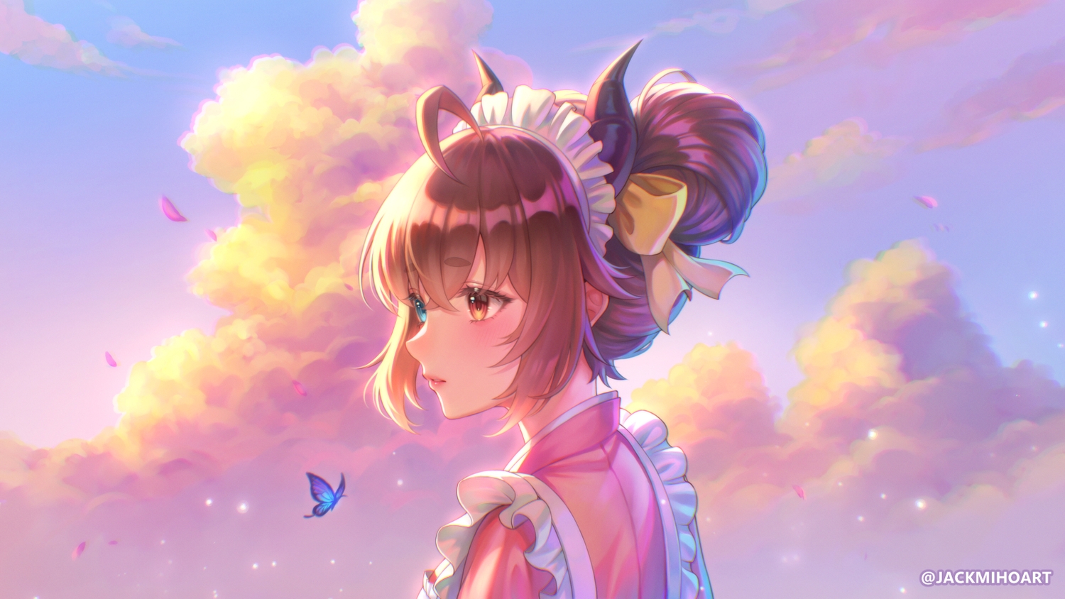 bicolored_eyes, blush, bow, brown_hair, butterfly, close, clouds, headdress