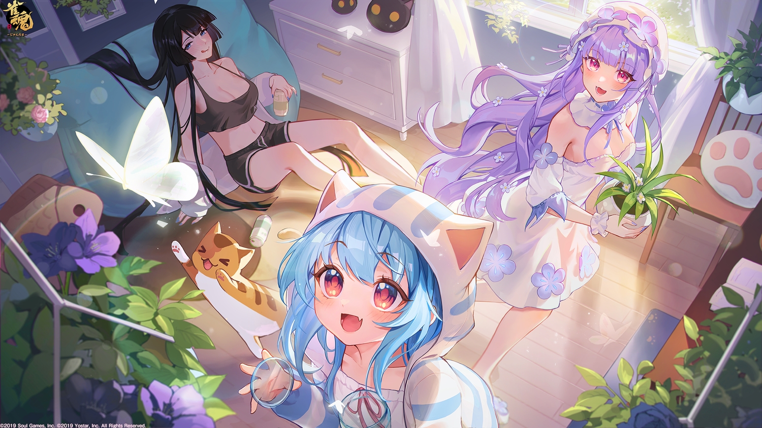 animal, animal_ears, black_hair, blue_eyes, blush, breasts, brown_eyes, butterfly