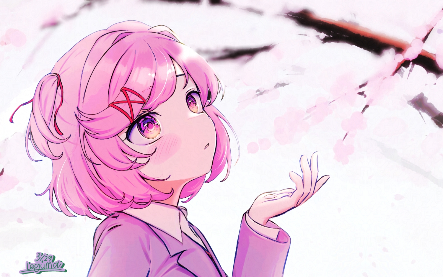 aliasing, blush, cherry_blossoms, close, doki_doki_literature_club!, flowers, leguma, natsuki_(ddlc)