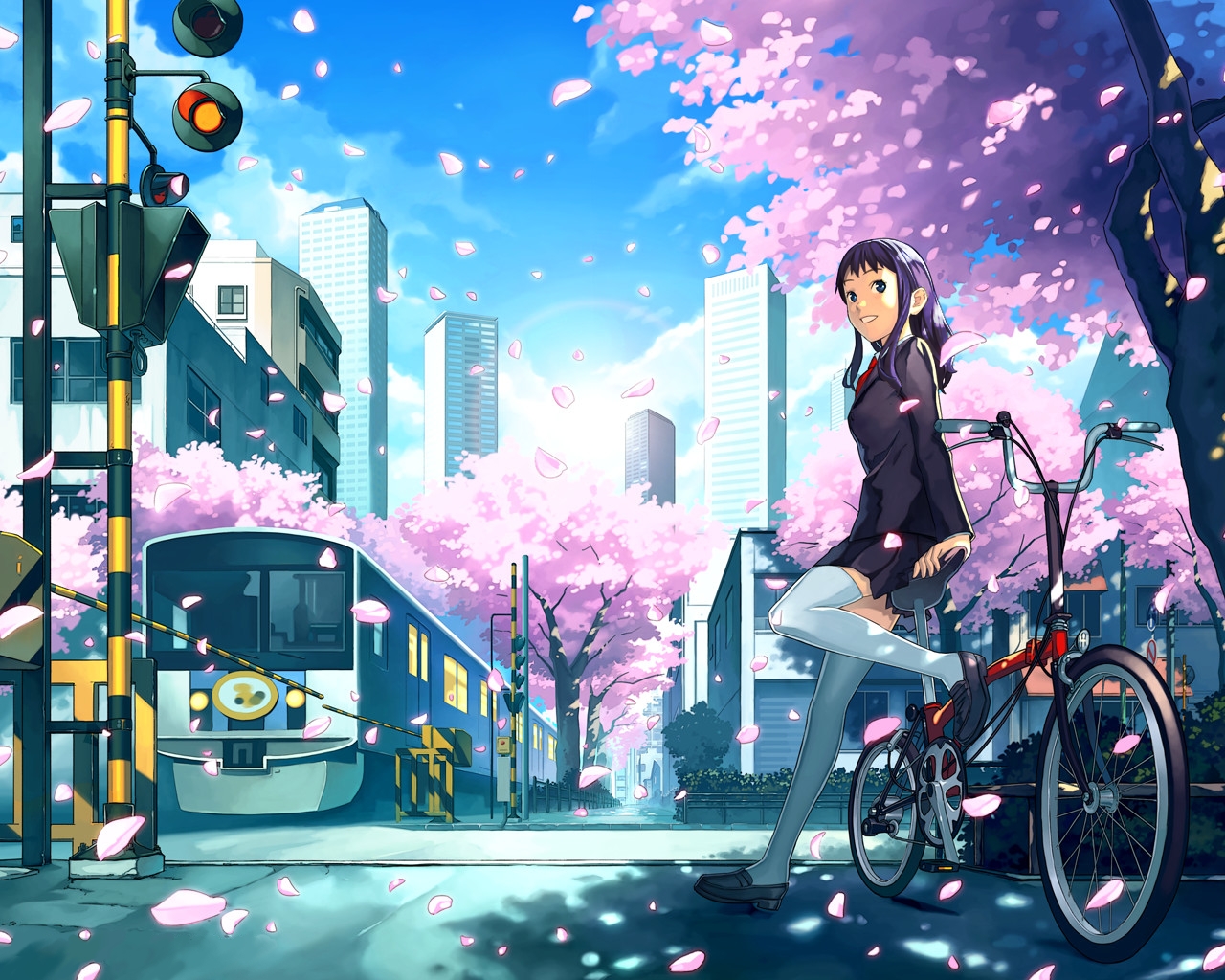bicycle, blonde_hair, blue_eyes, cherry_blossoms, flowers, katou_akatsuki, long_hair, original