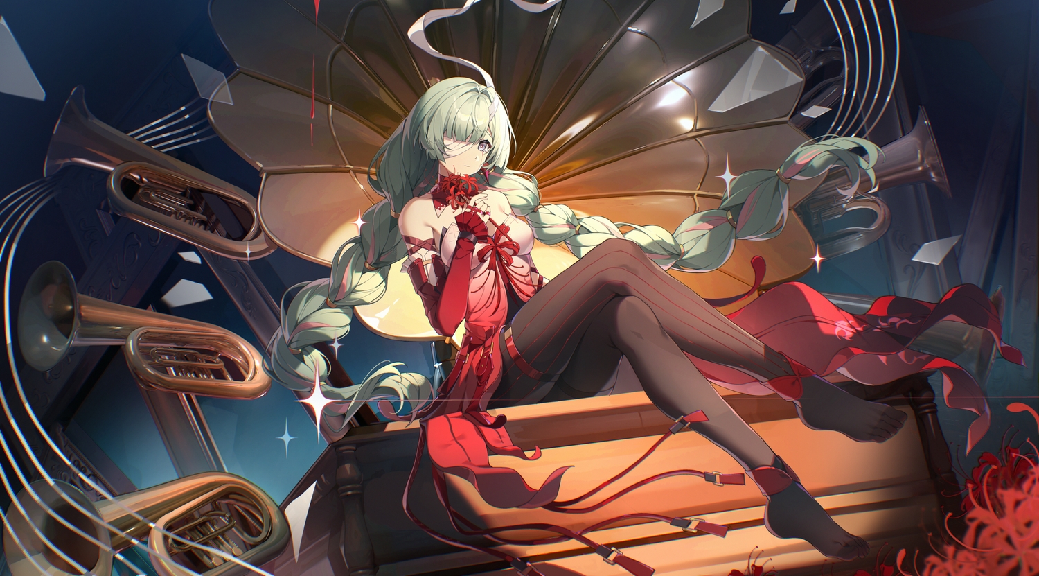 ayamekiki, bandage, braids, dress, eyepatch, flowers, garter, gray_eyes