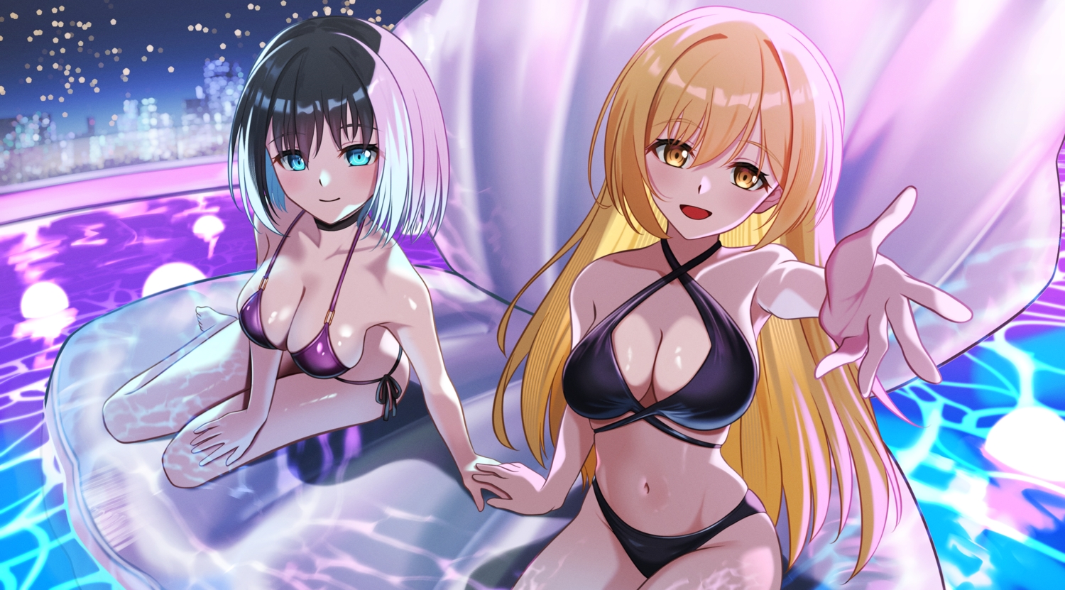 2girls, bikini, black_hair, blonde_hair, breasts, cleavage, long_hair, mn_(tk-xyz)