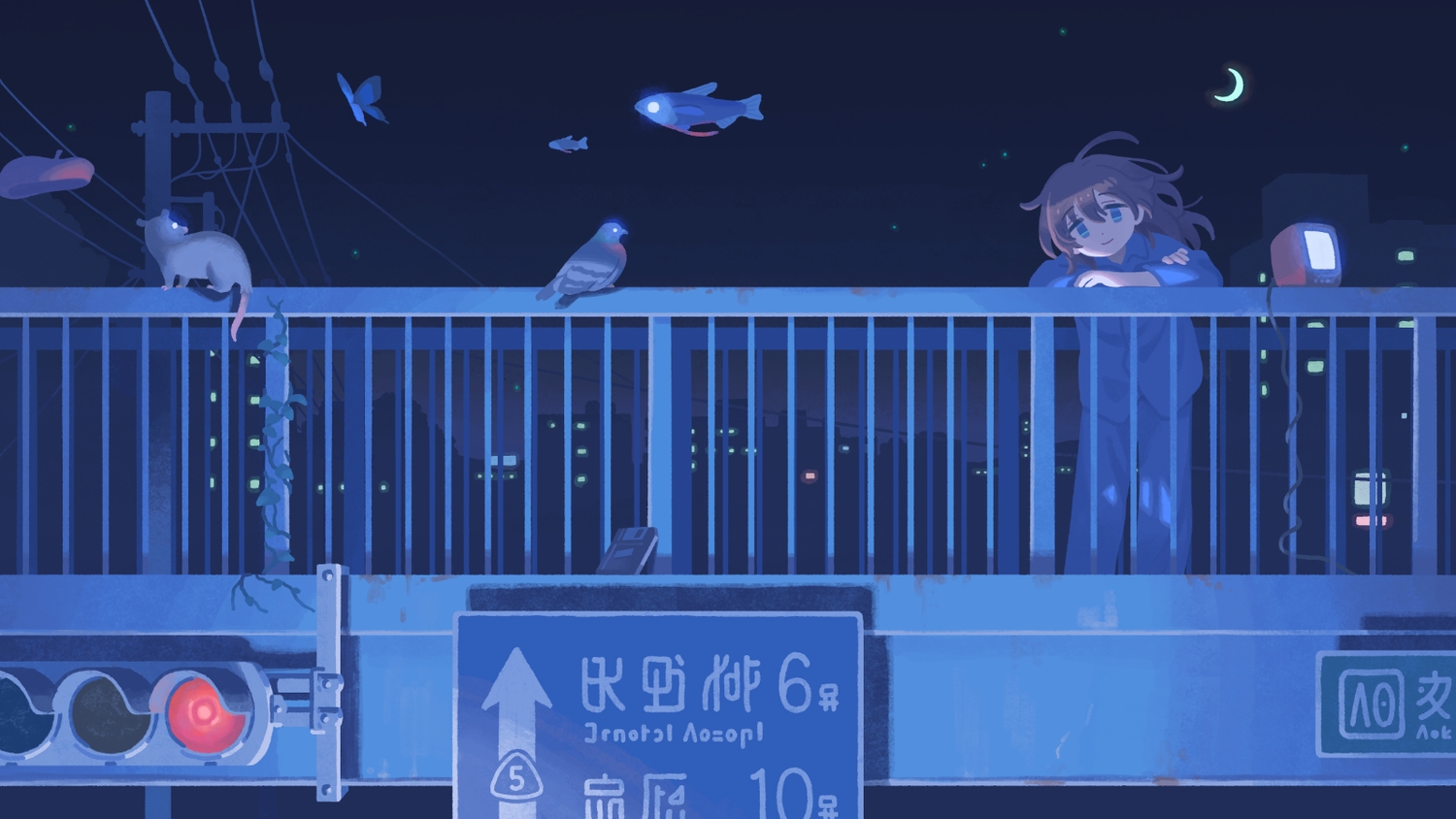 animal, bird, blue, blue_eyes, brown_hair, building, butterfly, city, fish, long_hair, moon, mouse, muji_(uimss), night, original, pajamas, shirt, sky, stars