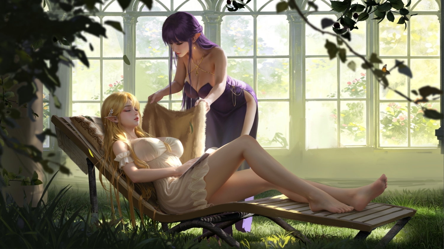 2girls, 3d, barefoot, blonde_hair, breasts, butterfly, chain, cleavage