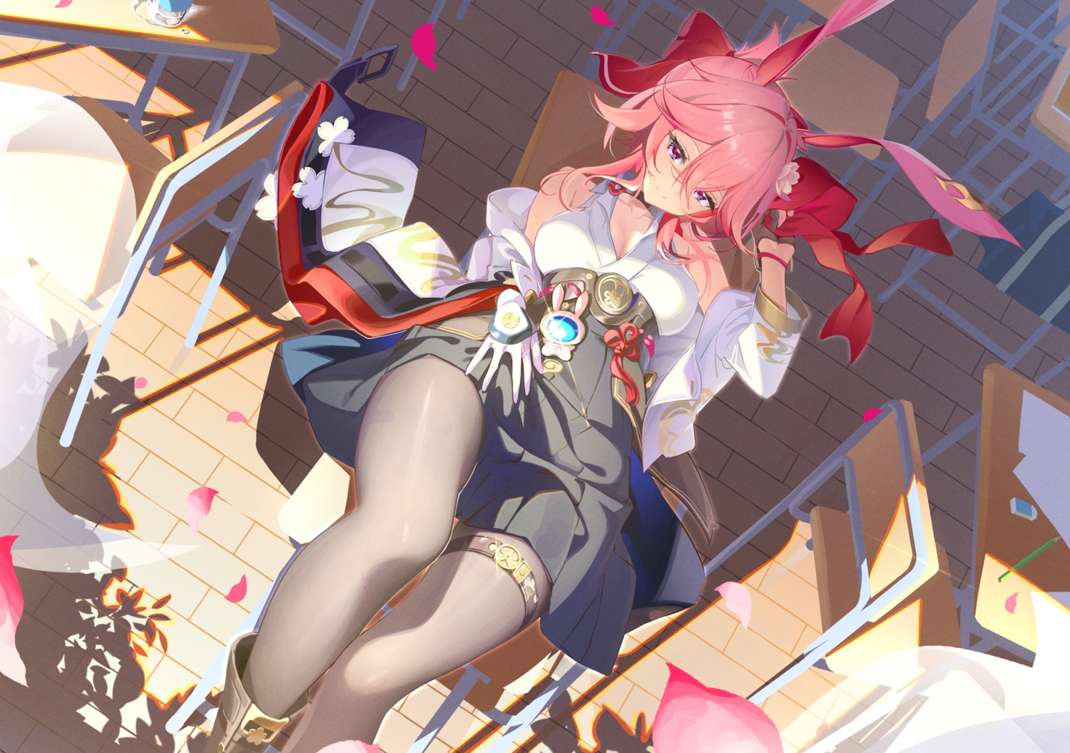 animal_ears, breasts, bunny_ears, cherry_blossoms, choker, cleavage, evanescia_(honkai:_star_rail), flowers