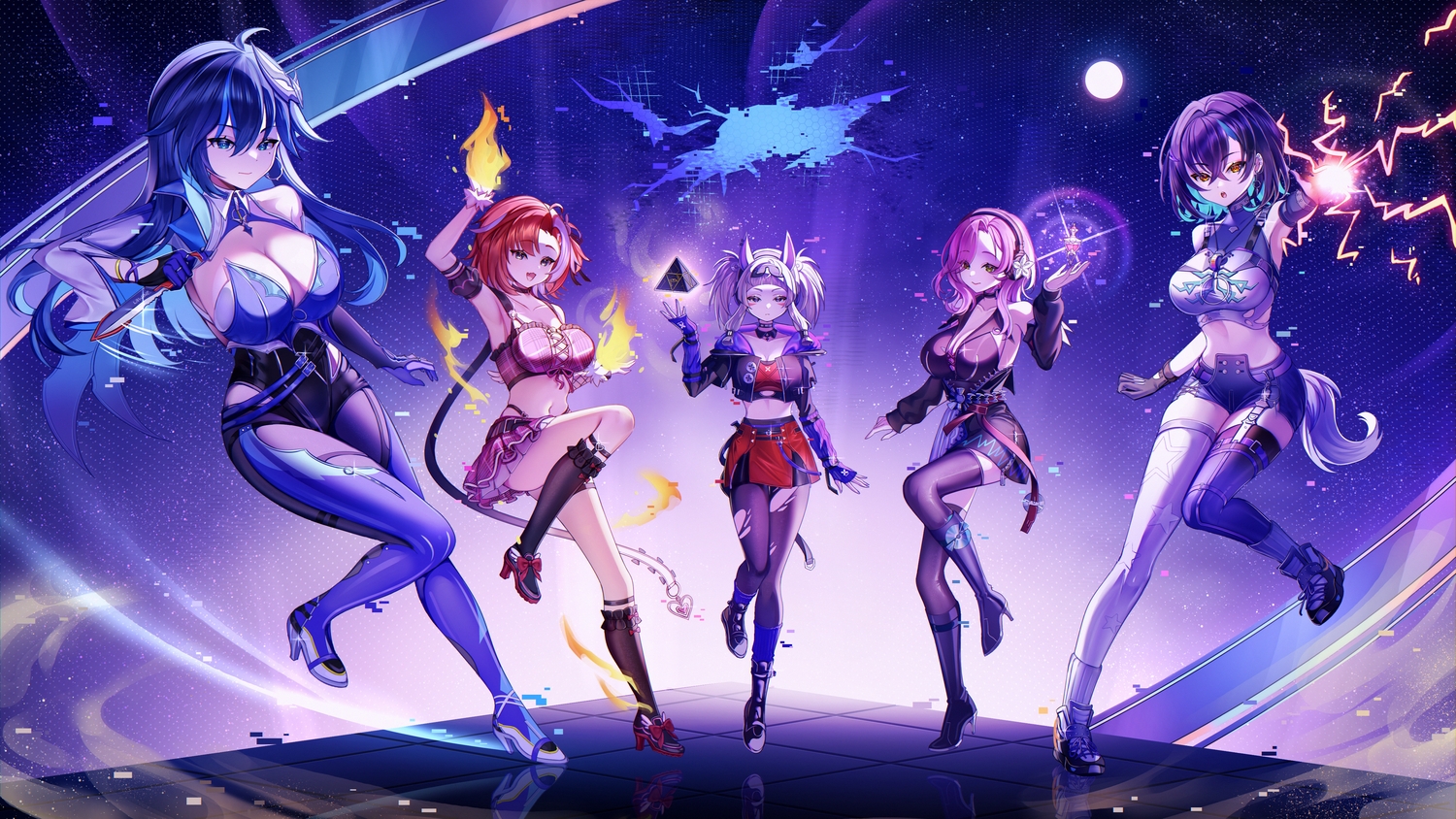 animal_ears, black_eyes, blue_eyes, blue_hair, breasts, cleavage, demcheg, eika_(strinova), fire, gloves, gray_hair, green_eyes, group, headphones, kneehighs, knife, lawine_(strinova), long_hair, meredith_(strinova), moon, navel, night, orange_eyes, pantyhose, pink_hair, purple_eyes, purple_hair, red_hair, short_hair, shorts, skirt, sky, stars, strinova, tagme_(character), tail, torn_clothes, twintails, weapon