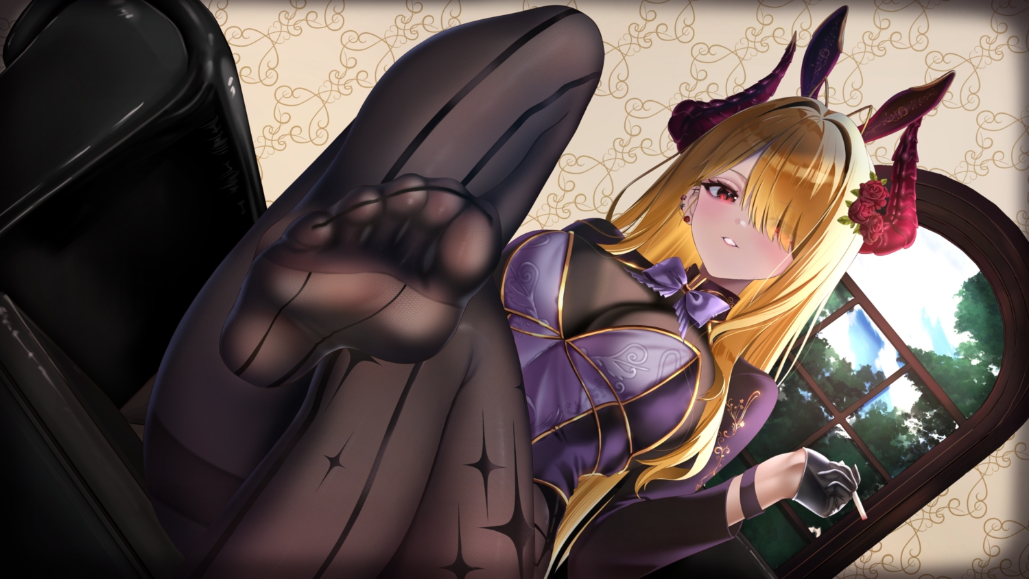 animal_ears, blonde_hair, bodysuit, bow, bunny_ears, cigarette, close, garimayo