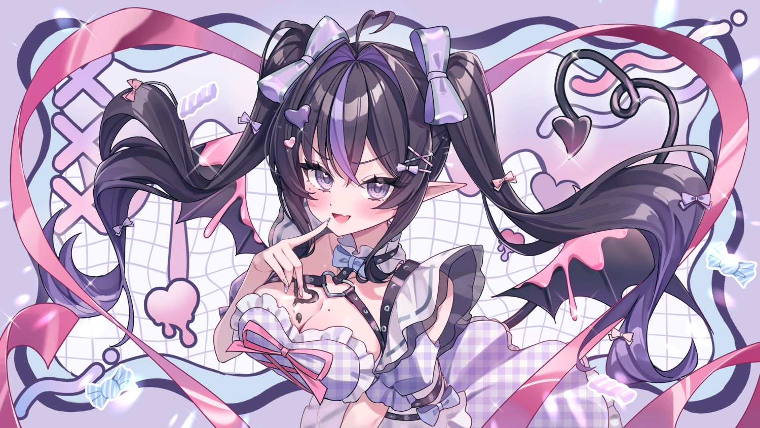 apron, black_hair, blush, bow, breasts, candy, choker, cleavage, close, dress, fang, lolita_fashion, long_hair, original, pointed_ears, purple_eyes, ribbons, tsukimori_mochi, twintails, wings