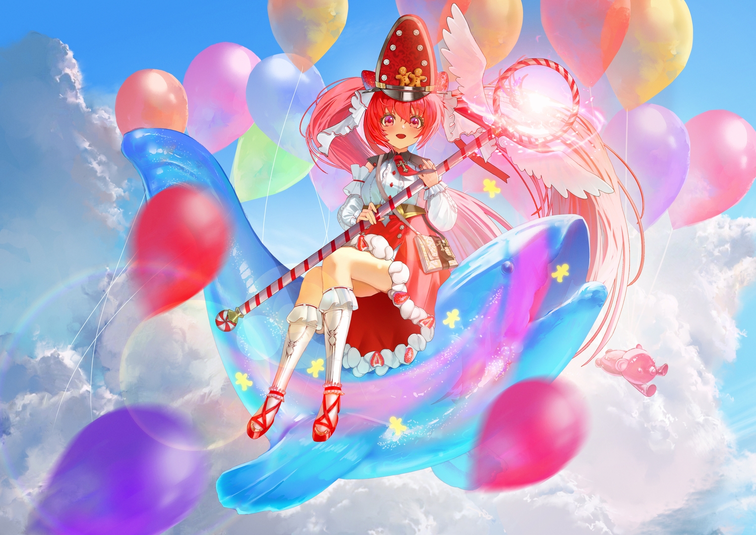 bao_(pixiv_99415611), blush, clouds, hat, kneehighs, long_hair, original, pink_eyes, pink_hair, rainbow, skirt, sky, staff, teddy_bear, tie, twintails