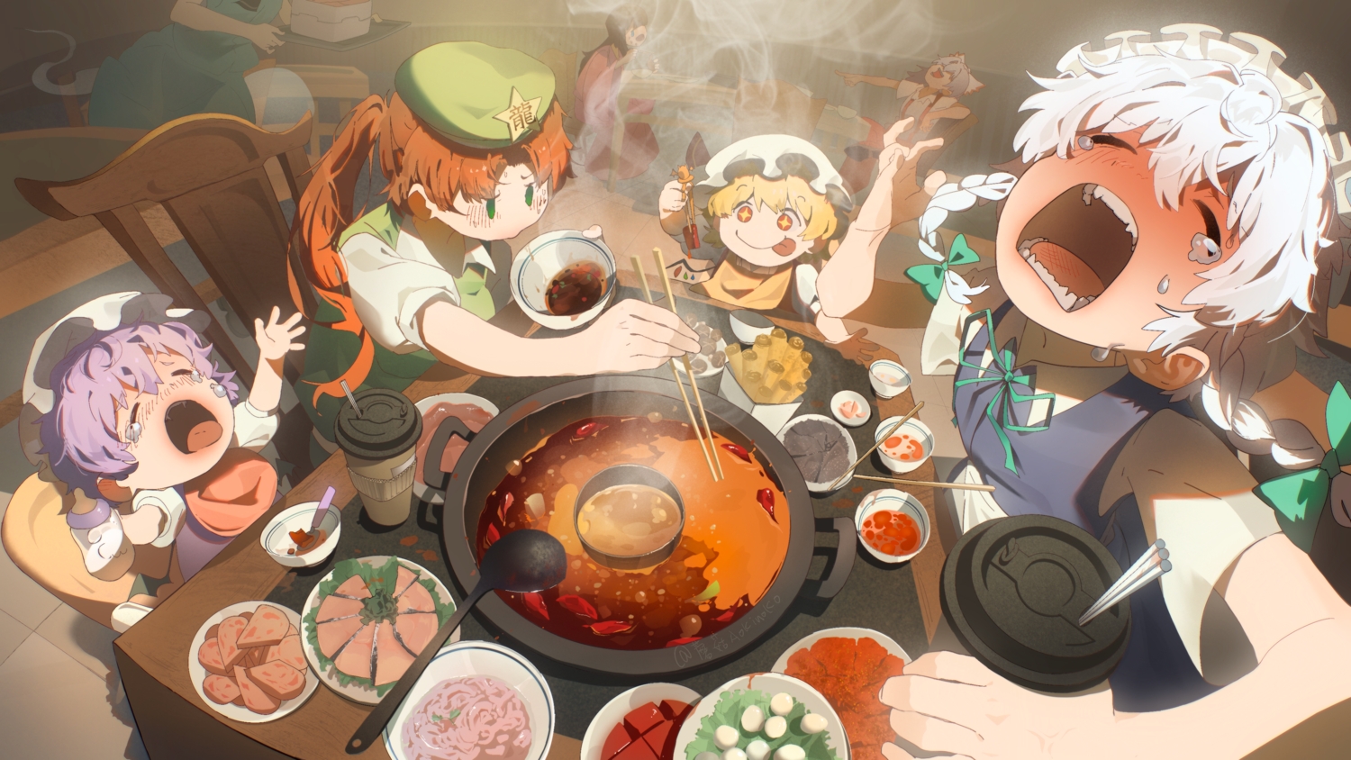 apron, black_hair, blonde_hair, blush, bow, braids, crying, drink, fang, flandre_scarlet, food, fujiwara_no_mokou, gray_hair, green_eyes, group, hat, headdress, hong_meiling, houraisan_kaguya, izayoi_sakuya, japanese_clothes, kimono, kinoko_(kino2435006), konpaku_youmu, loli, long_hair, maid, myon, ponytail, purple_hair, red_eyes, red_hair, remilia_scarlet, shirt, short_hair, tears, touhou, twintails, vampire, wings