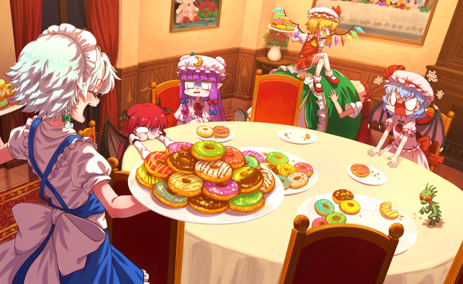 apron, blonde_hair, blue_hair, bow, braids, chinese_clothes, demon, dress