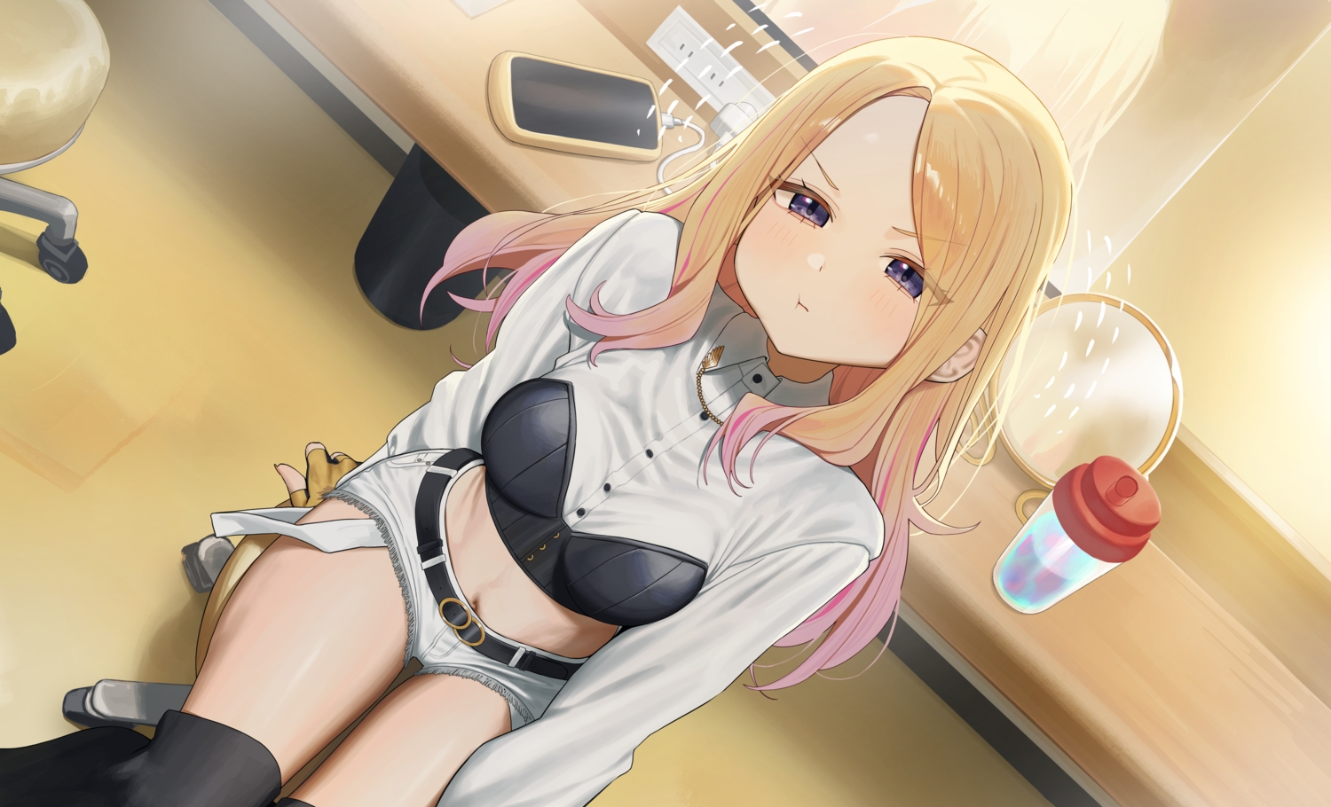 blonde_hair, gakuen_idolmaster, gloves, idolmaster, juuou_sena, long_hair, mirror, navel, phone, purple_eyes, shorts, syhan, thighhighs