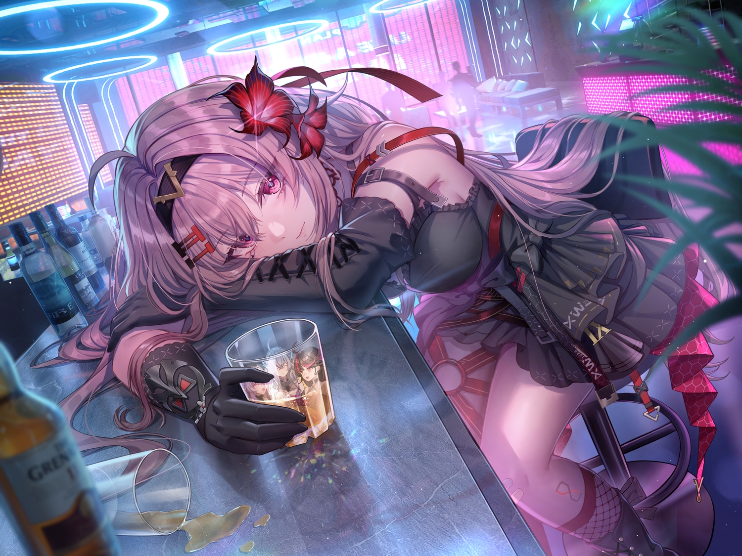 bandaid, bow, dress, drink, garter, gloves, gray_hair, headband, long_hair, pink_eyes, reflection, tagme_(character), tower_of_fantasy, yolanda