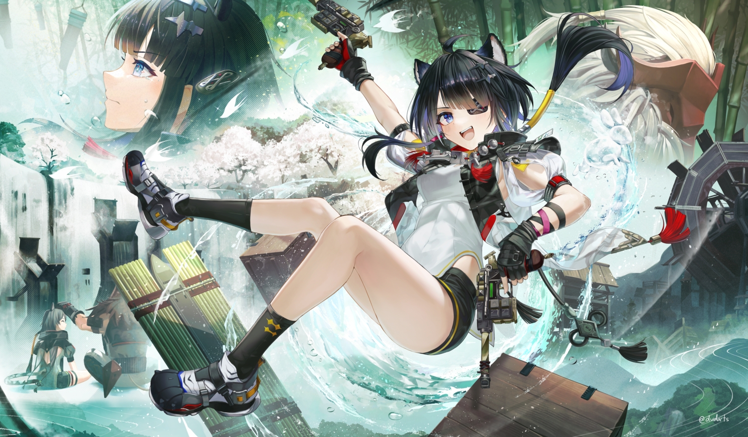 2girls, animal_ears, arknights, arknights:_endfield, black_hair, blue_eyes, building, dvdarts