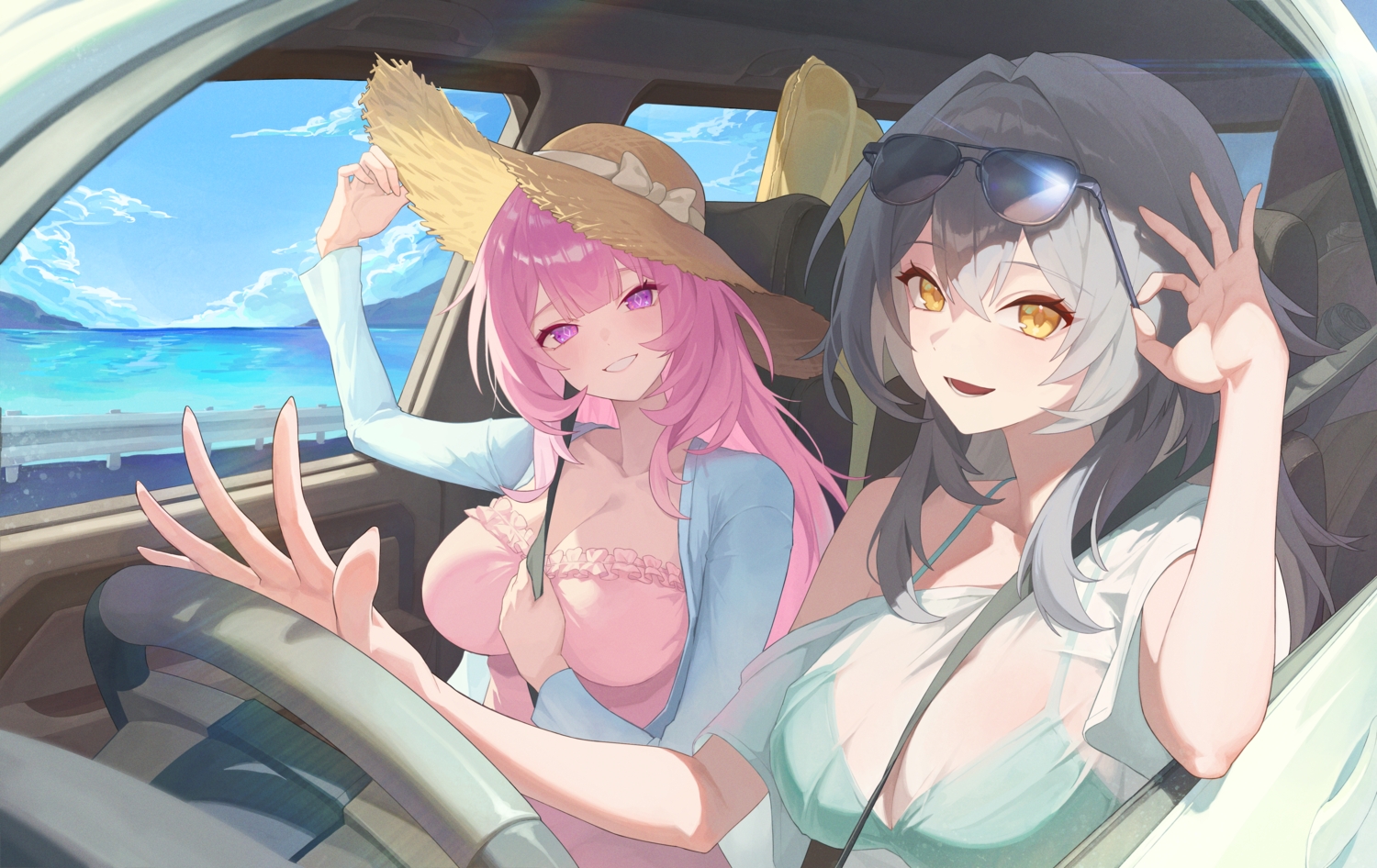 2girls, bikini_top, bow, breasts, car, cleavage, close, clouds, cyrene_(honkai:_star_rail), dress, et0, gray_hair, hat, honkai_(series), honkai:_star_rail, long_hair, pink_hair, purple_eyes, see_through, sky, stelle_(honkai:_star_rail), sunglasses, trailblazer_(honkai:_star_rail), water, yellow_eyes
