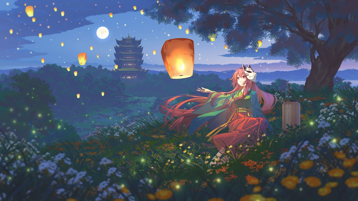 banjie, building, clouds, flowers, grass, hata_no_kokoro, japanese_clothes, long_hair