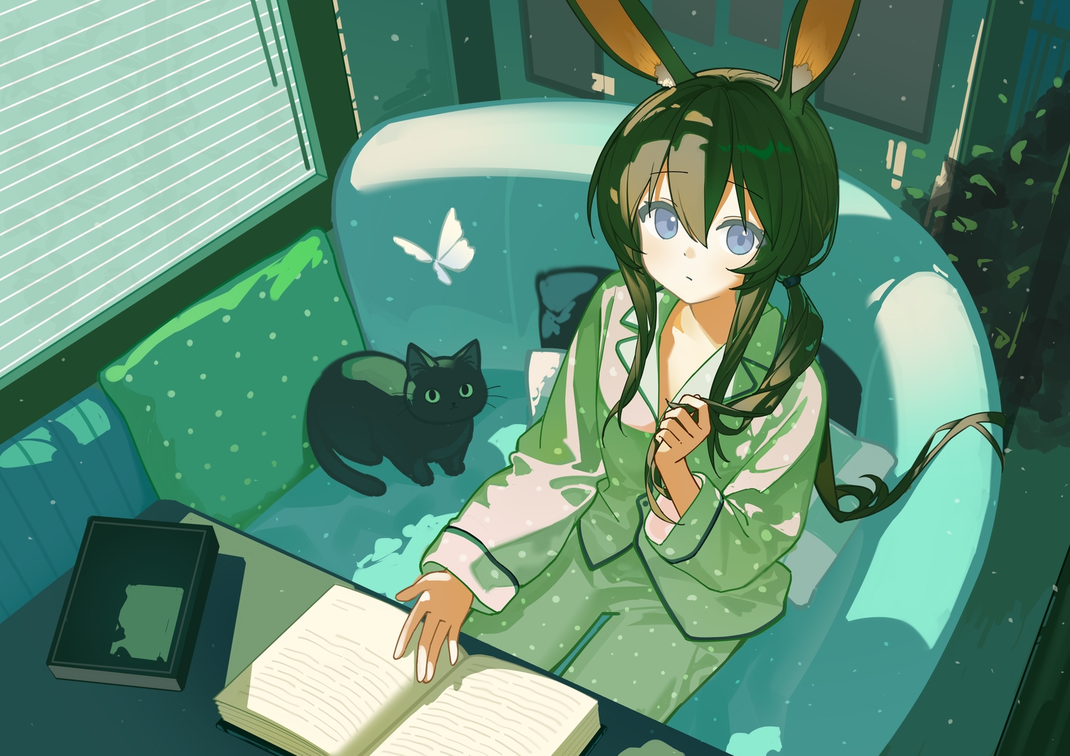 amiya_(arknights), animal, animal_ears, arknights, blue_eyes, book, brown_hair, bunny_ears, bunnygirl, cat, flat_chest, green, long_hair, nagisa_(cxcx5235), pajamas, ponytail