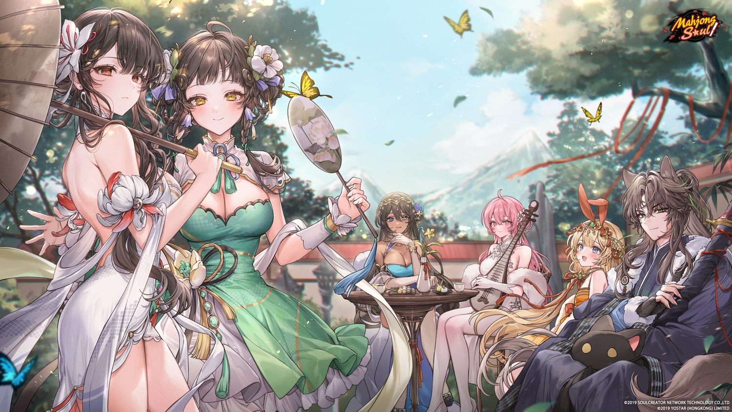 animal_ears, bicolored_eyes, blonde_hair, braids, breasts, brown_hair, bunny_ears, butterfly