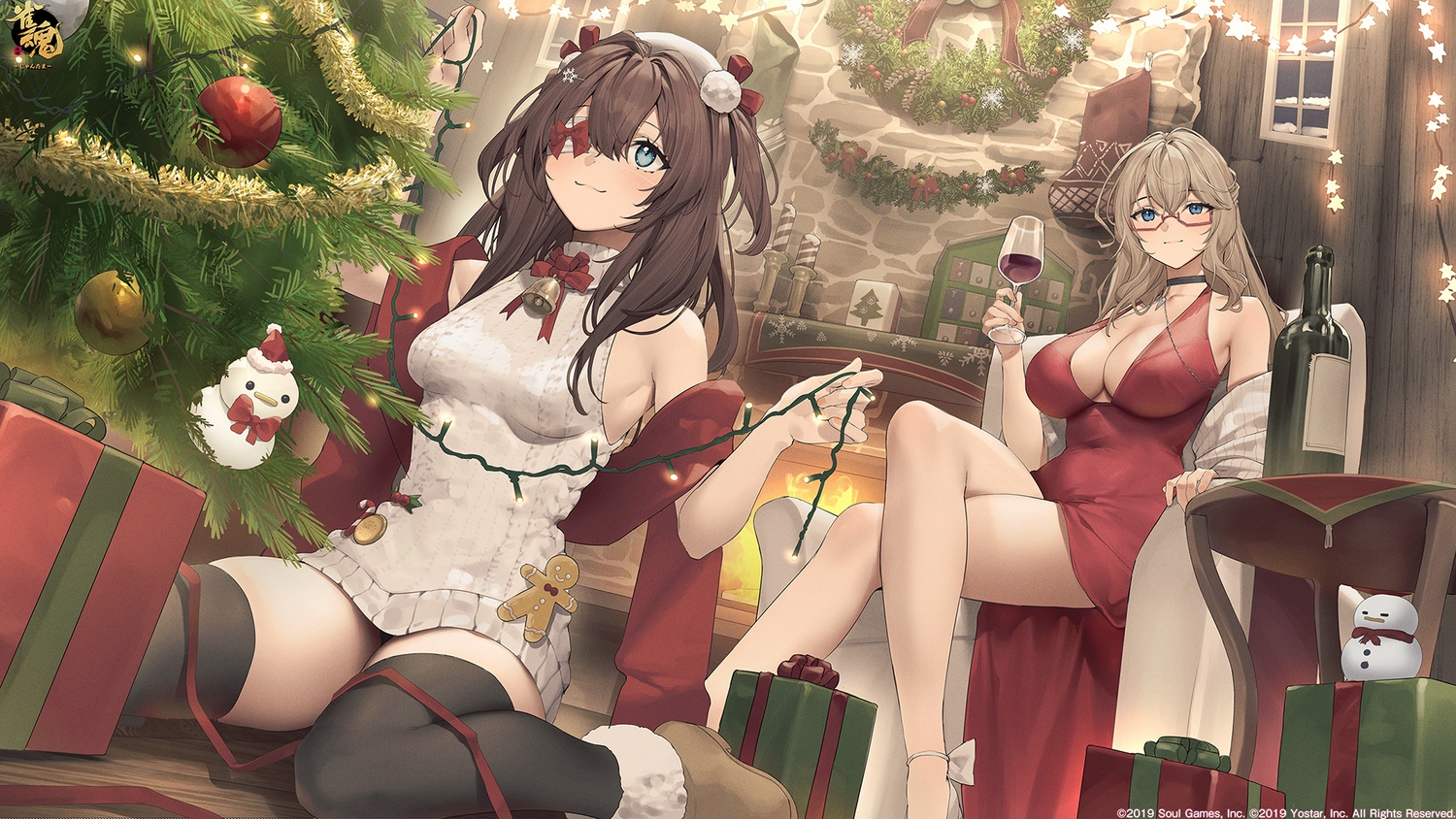 2girls, bell, blue_eyes, breasts, brown_hair, christmas, cleavage, dress, drink, eyepatch, fire, glasses, gray_hair, hat, kisaragi_ayane, logo, long_hair, mahjong_soul, no_bra, ribbons, shinomiya_fuyumi, tagme_(artist), thighhighs, tree, watermark