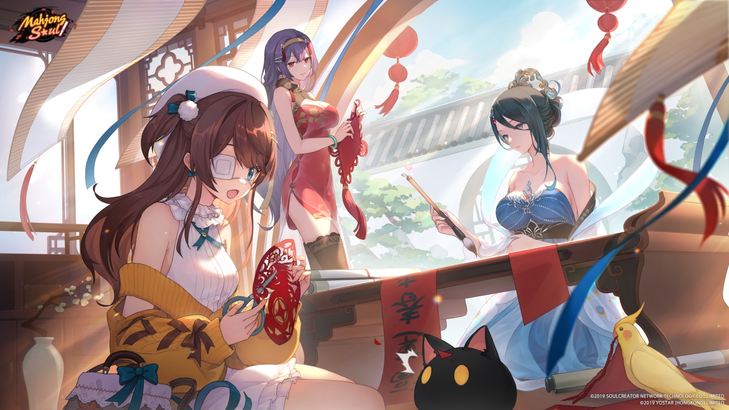 animal, bird, black_hair, braids, breasts, brown_hair, chinese_clothes, chinese_dress
