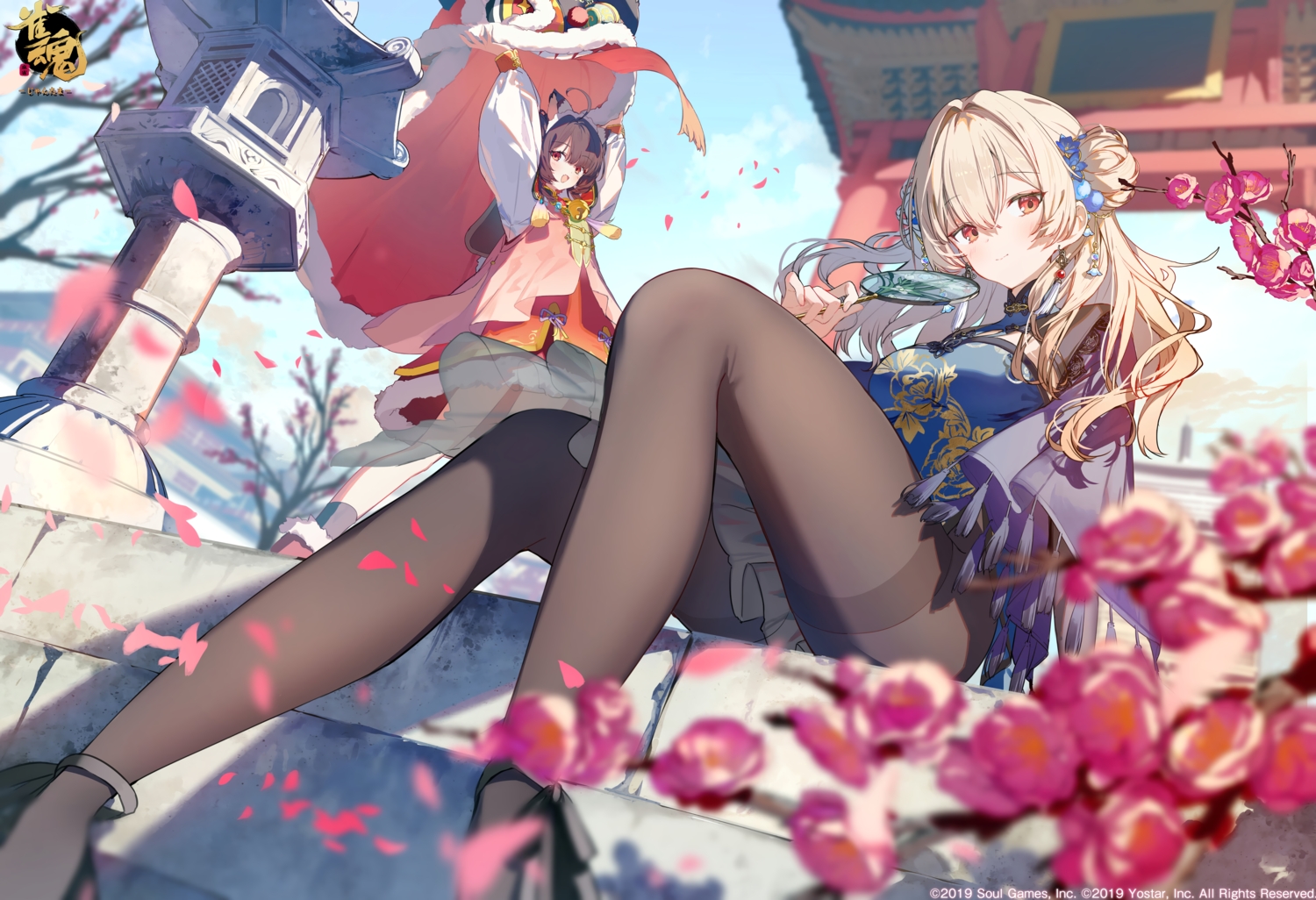 2girls, animal_ears, ashima_(roro046), blonde_hair, blush, brown_hair, catgirl, cherry_blossoms, chinese_clothes, chinese_dress, clouds, dress, fan, flowers, headband, ichihime_(majsoul), logo, long_hair, mahjong_soul, pantyhose, petals, red_eyes, shrine, sky, stairs, torii, tree, watermark, xenia_(majsoul)