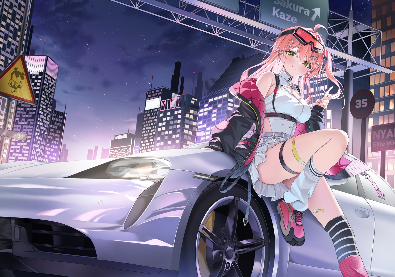 bandaid, blush, building, car, city, clouds, garter, goggles