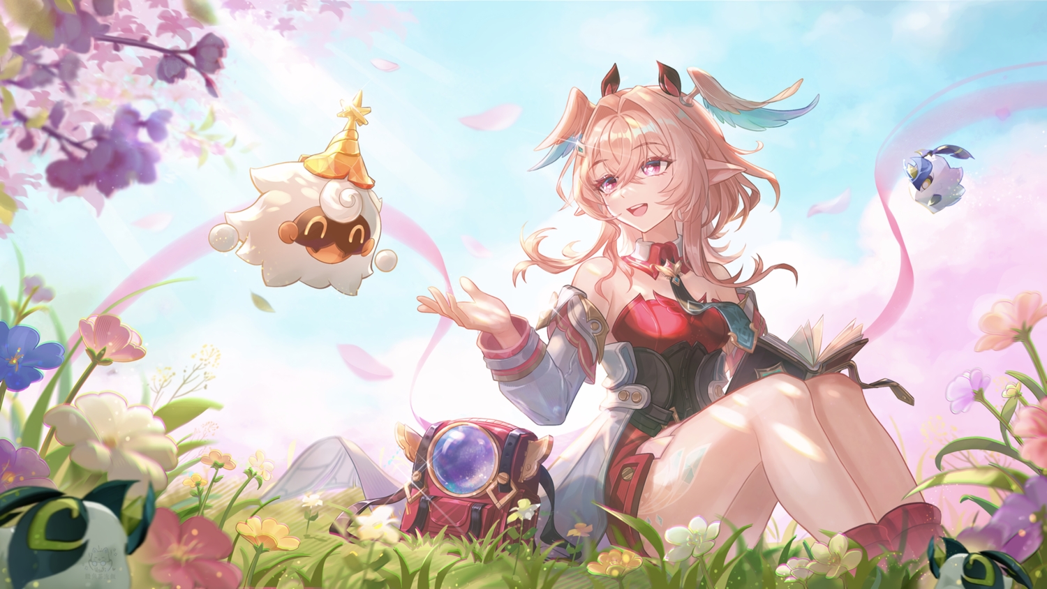 book, cherry_blossoms, clouds, dress, flowers, genshin_impact, grass, gray_hair, linnea_(genshin_impact), long_hair, manyu_chapaofan, pink_eyes, pointed_ears, ribbons, sky, wings