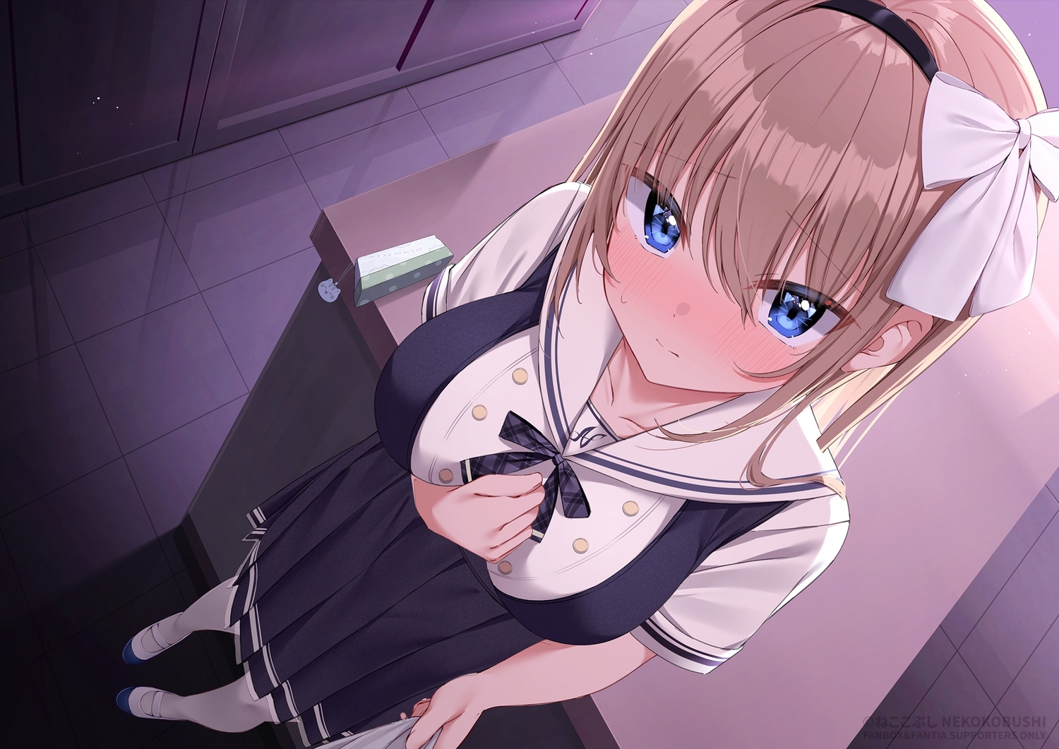 blonde_hair, blue_eyes, blush, bow, breast_hold, close, headband, long_hair