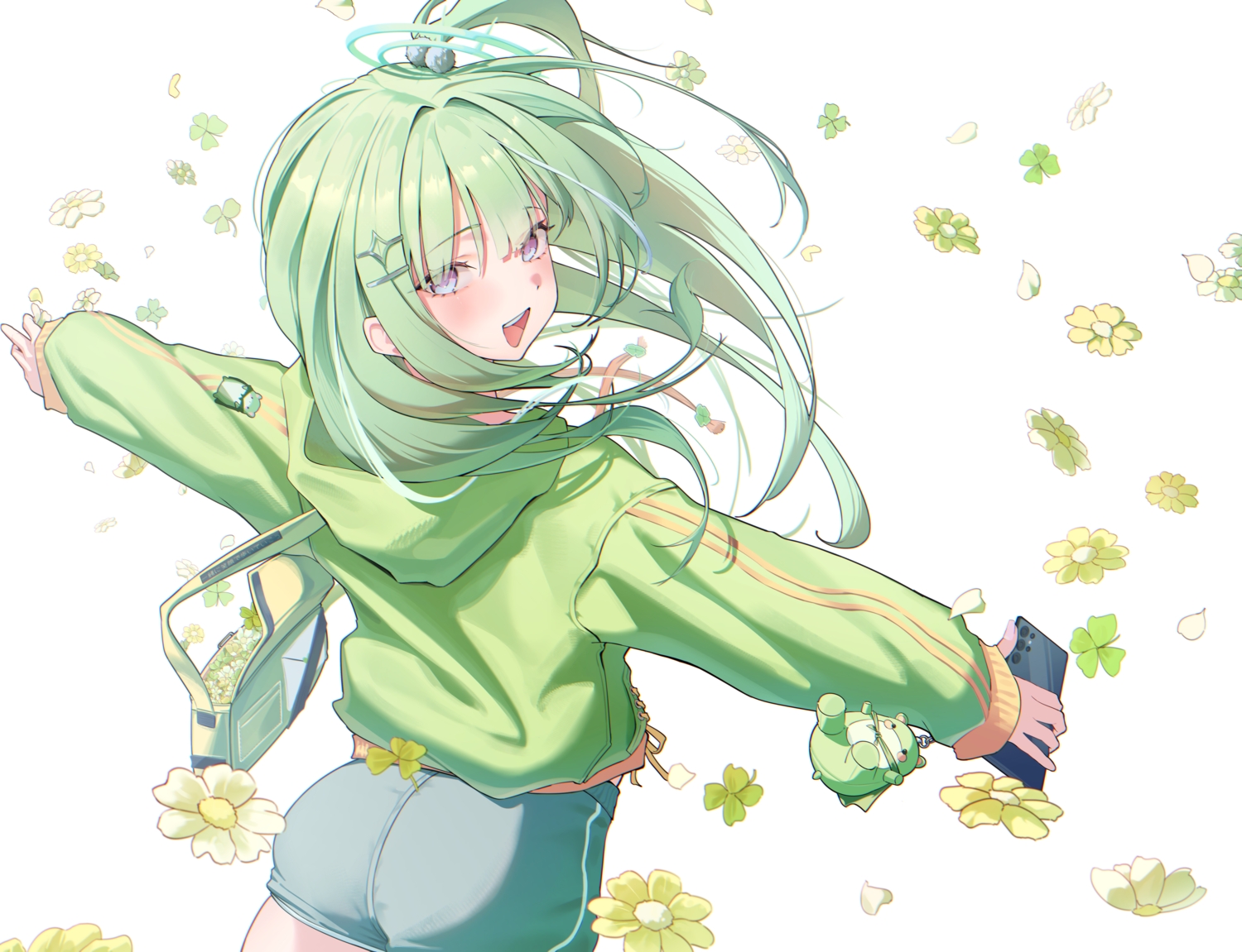 ass, flowers, green_hair, halo, hood, kitsune_hero, leaves, long_hair, petals, phone, ponytail, purple_eyes, shorts, stellive, white, yuzuha_riko