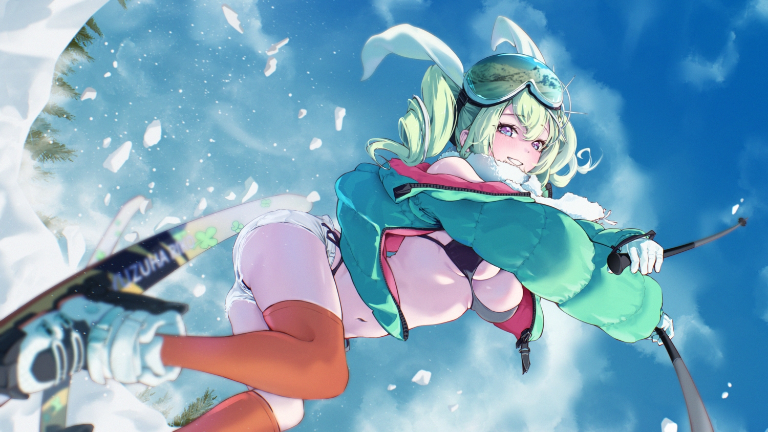 animal_ears, ass, bikini, blush, boots, breasts, bunny_ears, cat_smile, cleavage, clouds, gloves, goggles, green_hair, kitsune_hero, long_hair, navel, purple_eyes, reflection, scarf, shorts, sky, snow, sport, stellive, swimsuit, thighhighs, tree, twintails, yuzuha_riko