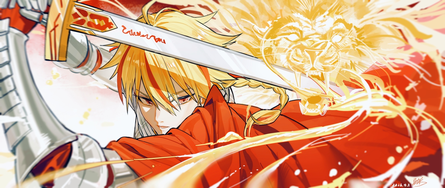 all_male, armor, blonde_hair, braids, cape, close, fate_(series), fate/strange_fake, gloves, long_hair, magic, male, ponytail, red_eyes, richard_i_(fate), signed, sword, weapon, yisjhui