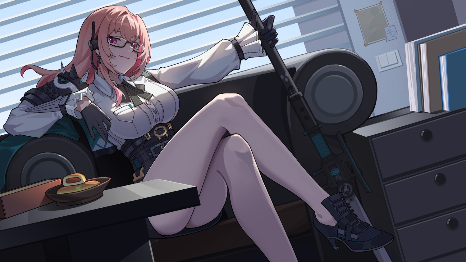 armor, breasts, couch, estpoetry, food, glasses, gloves, headphones, long_hair, pink_hair, purple_eyes, shirt, skirt, tsukishiro_yanagi, weapon, zenless_zone_zero