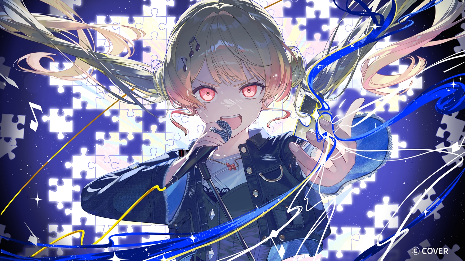 blonde_hair, close, hololive, long_hair, microphone, music, nun_nu, otonose_kanade, red_eyes, twintails, watermark