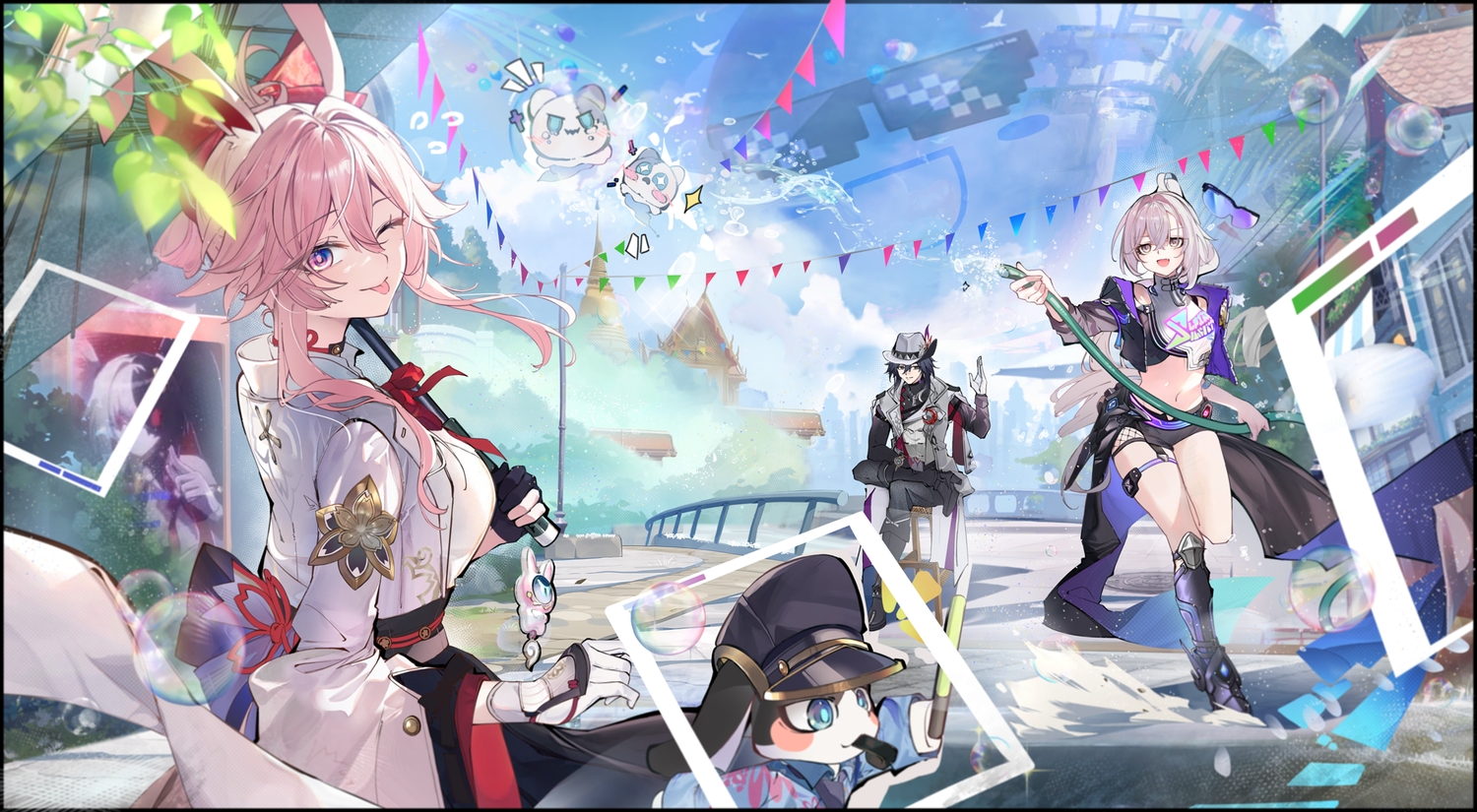 2girls, animal_ears, ashveil_(honkai:_star_rail), black_hair, bubbles, building, bunny_ears, clouds, evanescia_(honkai:_star_rail), garter, gloves, gray_eyes, gray_hair, hat, honkai_(series), honkai:_star_rail, japanese_clothes, kaya_(ayase_kaya), long_hair, male, navel, pink_hair, pom-pom_(honkai:_star_rail), ponytail, purple_eyes, shorts, silver_wolf_(honkai:_star_rail), sky, umbrella, water, wink