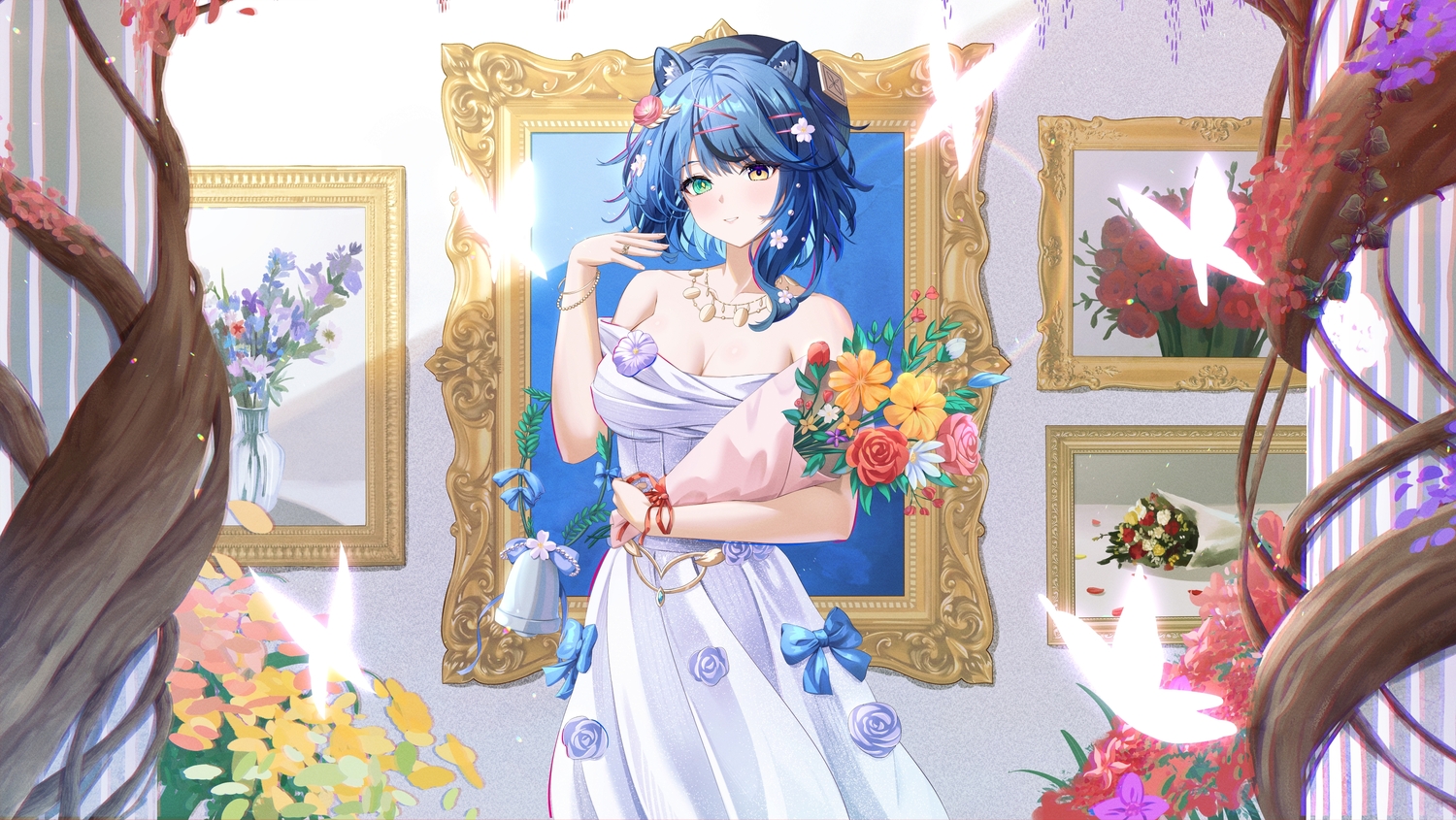 animal_ears, bicolored_eyes, blue_hair, bow, breasts, butterfly, cleavage, dokimaru, dress, flowers, hat, necklace, original, short_hair, wristwear