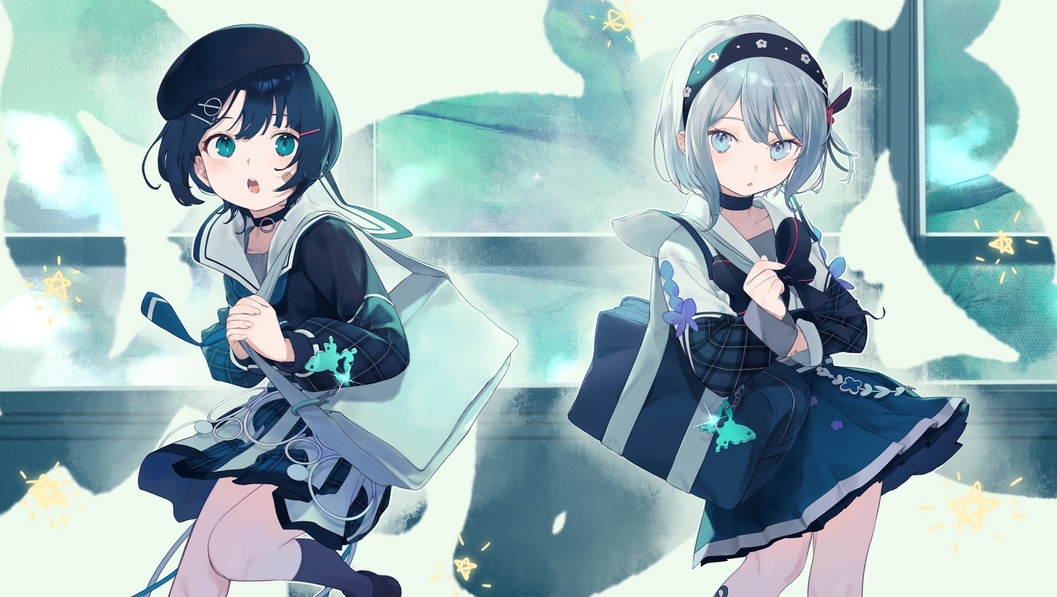 2girls, blue_hair, choker, ciel_(kamitsubaki_studio), daisi_gi, gray_eyes, gray_hair, hat