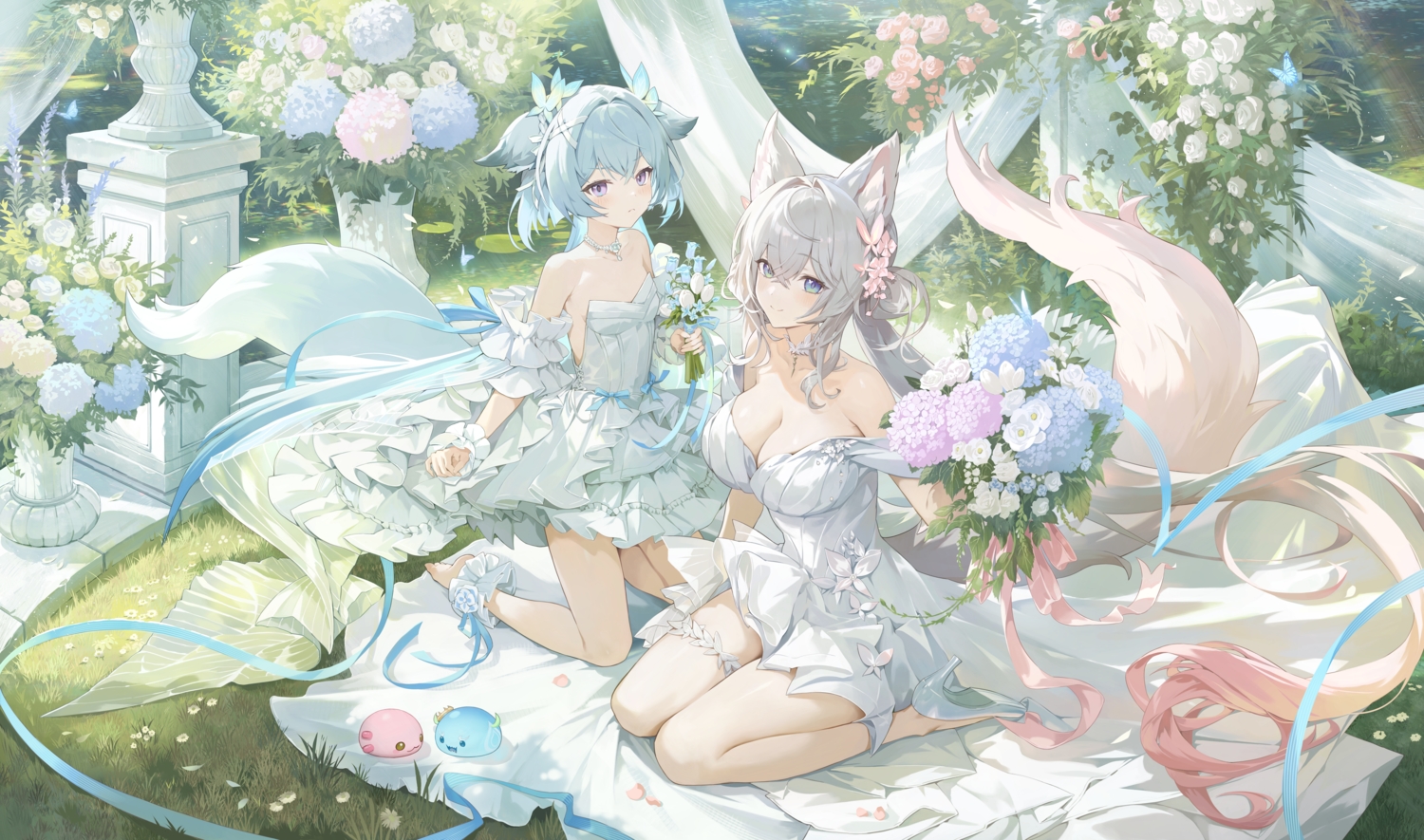 2girls, animal_ears, barefoot, blue_eyes, blue_hair, blush, bow, breasts, choker, cleavage, dress, flat_chest, flowers, garter, grass, gray_hair, leaves, long_hair, mina_(mongil:_star_dive), mongil:_star_dive, narae_(mongil:_star_dive), necklace, purple_eyes, ribbons, tagme_(artist), tail, wedding_attire, wristwear