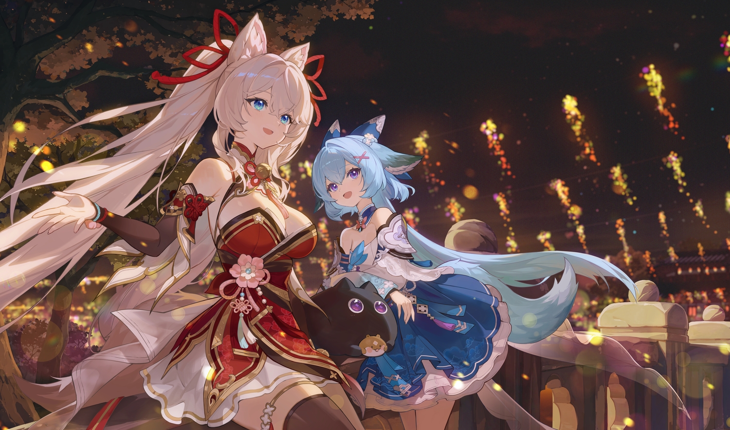 2girls, animal_ears, bell, blue_eyes, blue_hair, breasts, chinese_clothes, cleavage