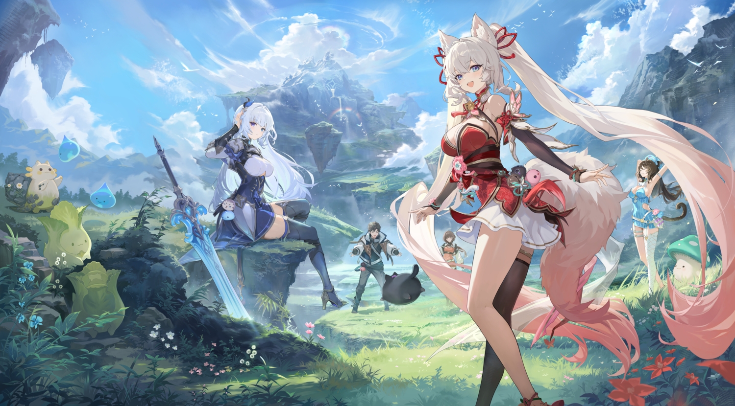 animal, animal_ears, breasts, brown_hair, cat, chinese_clothes, cleavage, cloud_(mongil:_star_dive), flowers, francis_(mongil:_star_dive), garter, gloves, grass, gray_hair, group, headband, long_hair, male, mina_(mongil:_star_dive), mongil:_star_dive, nurse, ophelia_(mongil:_star_dive), ponytail, purple_eyes, red_eyes, scenic, short_hair, skirt, sword, tagme_(artist), tail, thighhighs, twintails, verna_(mongil:_star_dive), weapon