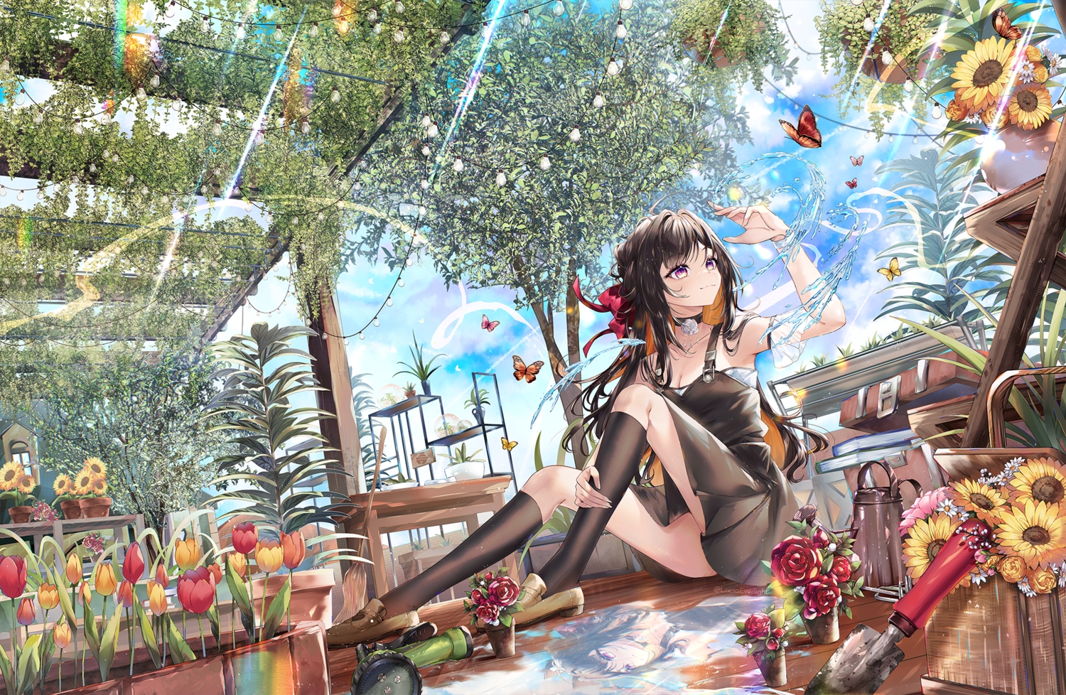 black_hair, bow, breasts, butterfly, choker, cleavage, clouds, dress