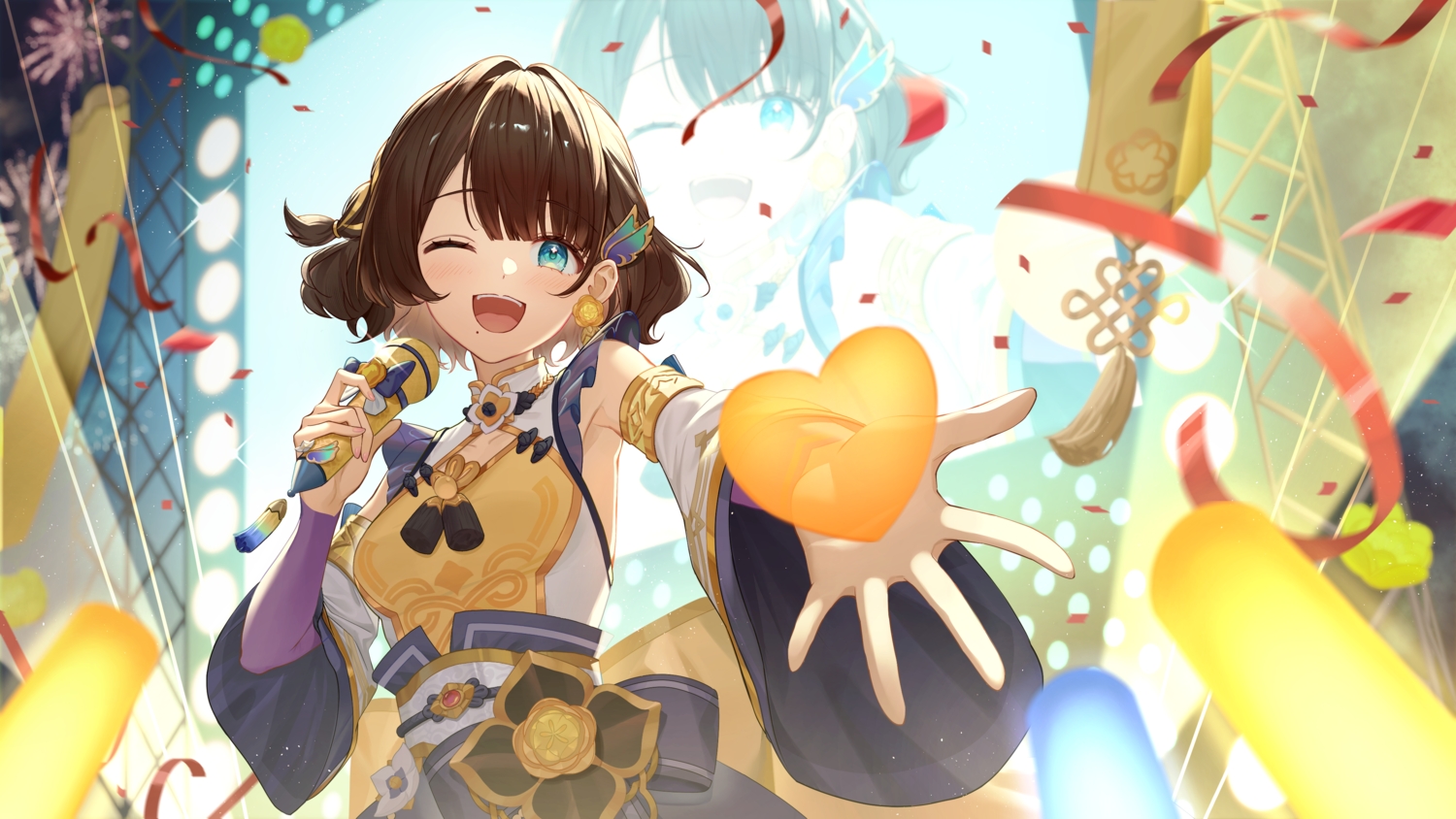 aqua_eyes, blush, boku_no_edamame, bow, brown_hair, close, heart, microphone, nijisanji, ribbons, shiga_riko, short_hair, wink
